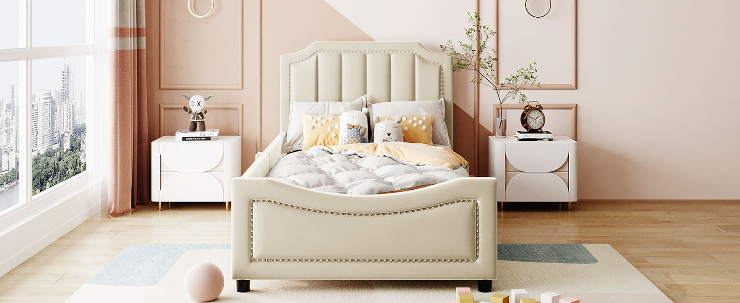 Twin Size Upholstered Daybed With Classic Stripe Shaped Headboard, Beige Beige Velvet