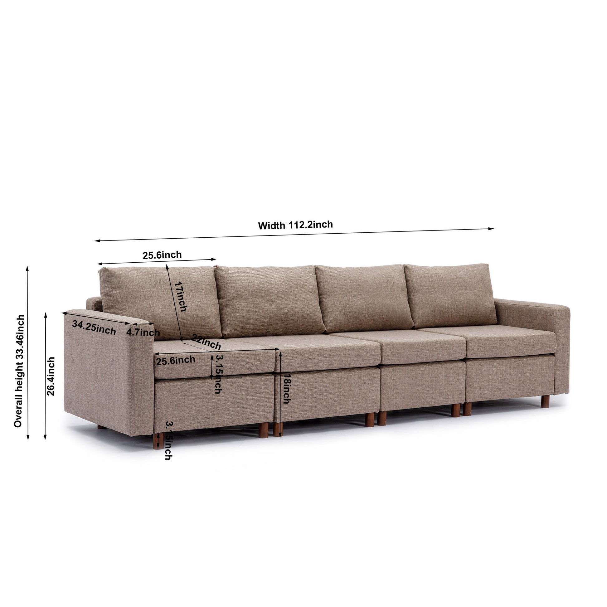 4 Seat Module Sectional Sofa Couch With 1 Ottoman For Living Room,Seat Cushion And Back Cushion Non Removable And Non Washable,Brown Brown Wood Primary Living Space Soft Modern Rubberwood Foam Linen 4 Seat