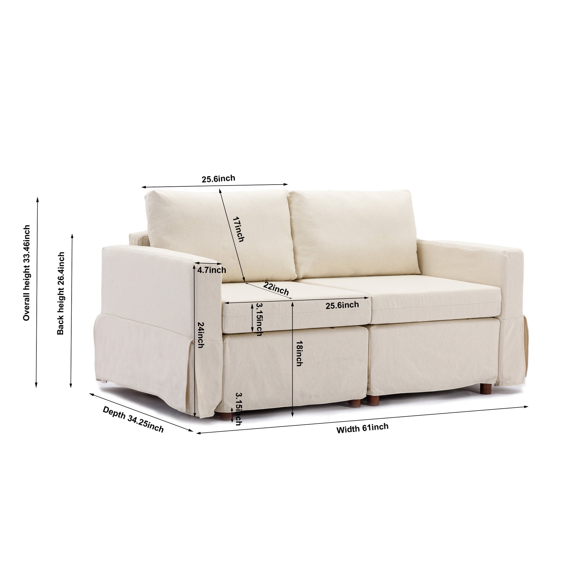 2 Seat Module Sectional Sofa Couch,Seat Cushion And Back Cushion Removable And Washable,Linen Fabric Cover,Cream Cream Wood Medium Soft Foam Linen 2 Seat