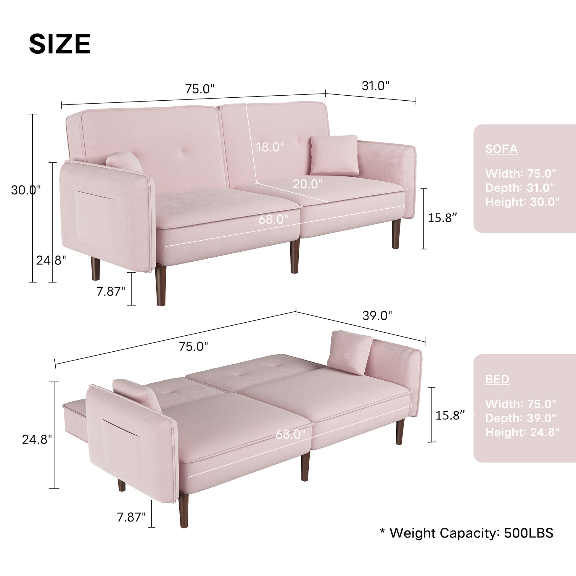 Convertible Sofa Bed With Wood Legs In Velvet Pink Pink Foam Velvet