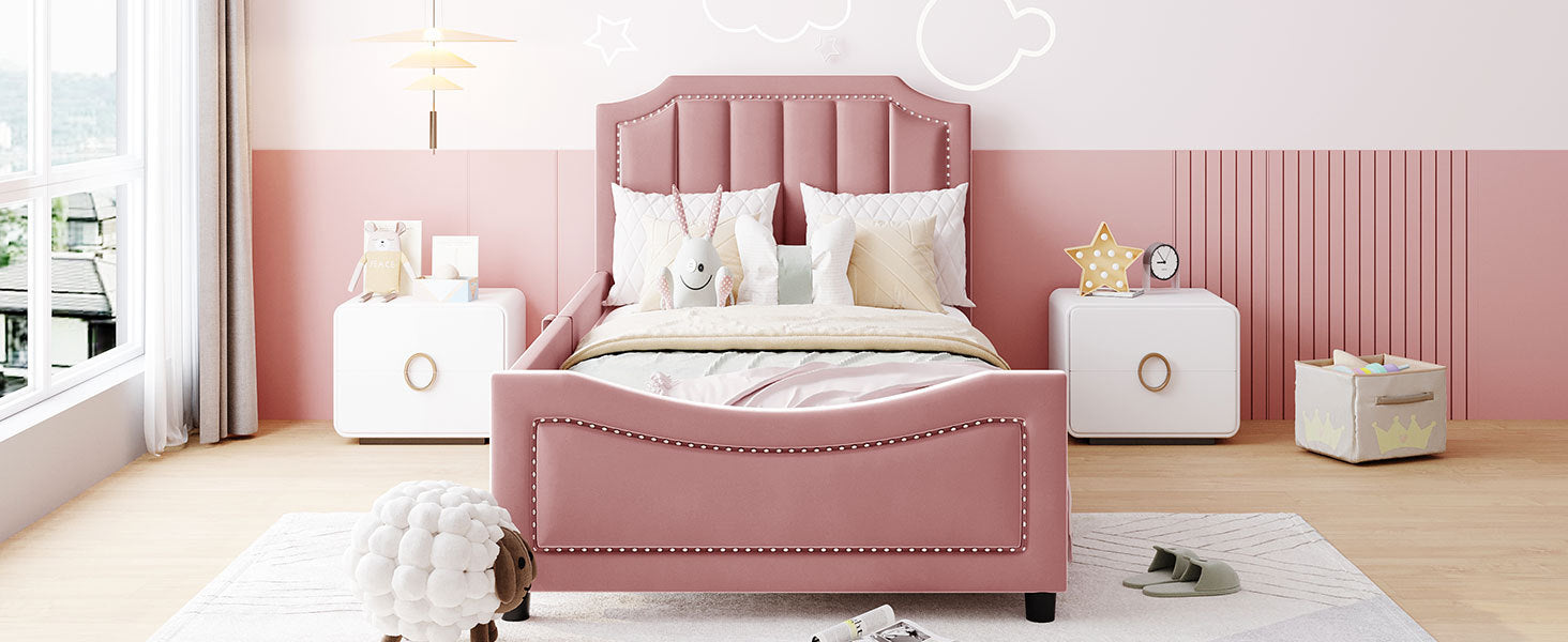Twin Size Upholstered Daybed With Classic Stripe Shaped Headboard, Pink Pink Velvet