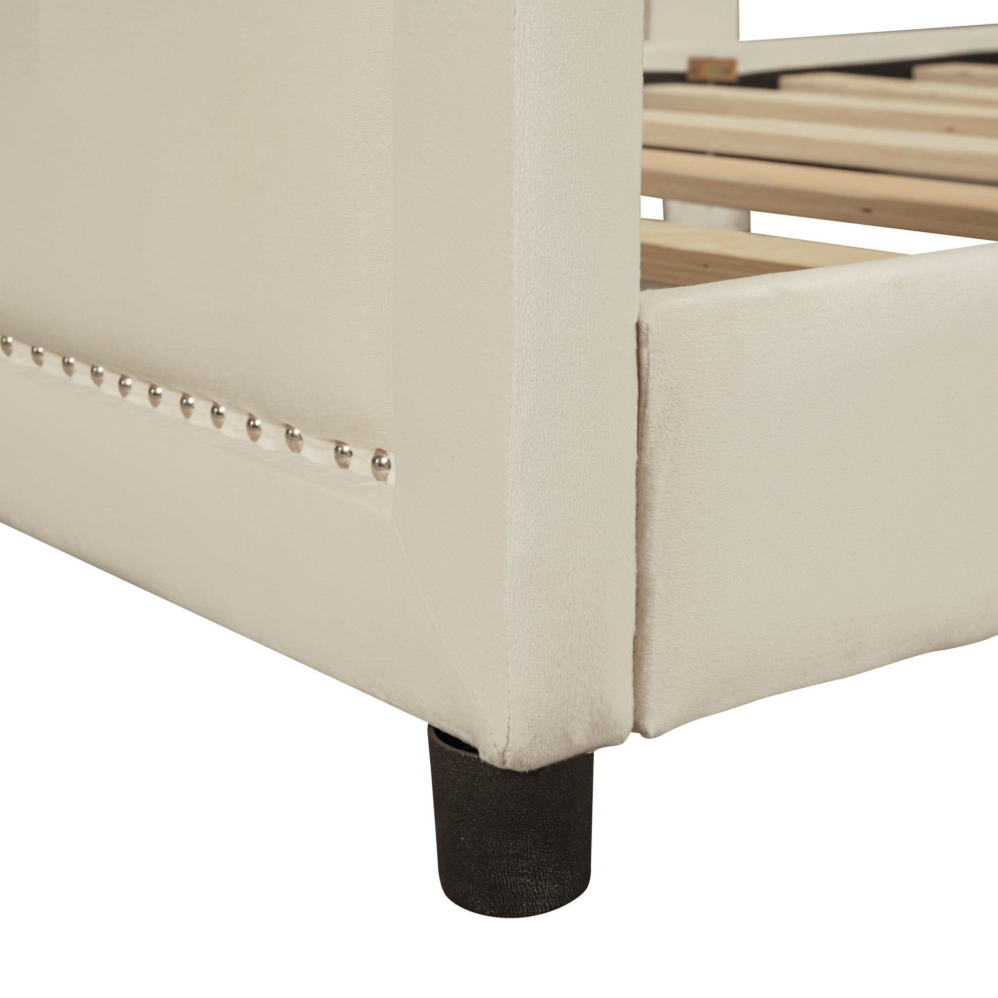 Twin Size Upholstered Daybed With Classic Stripe Shaped Headboard, Beige Beige Velvet