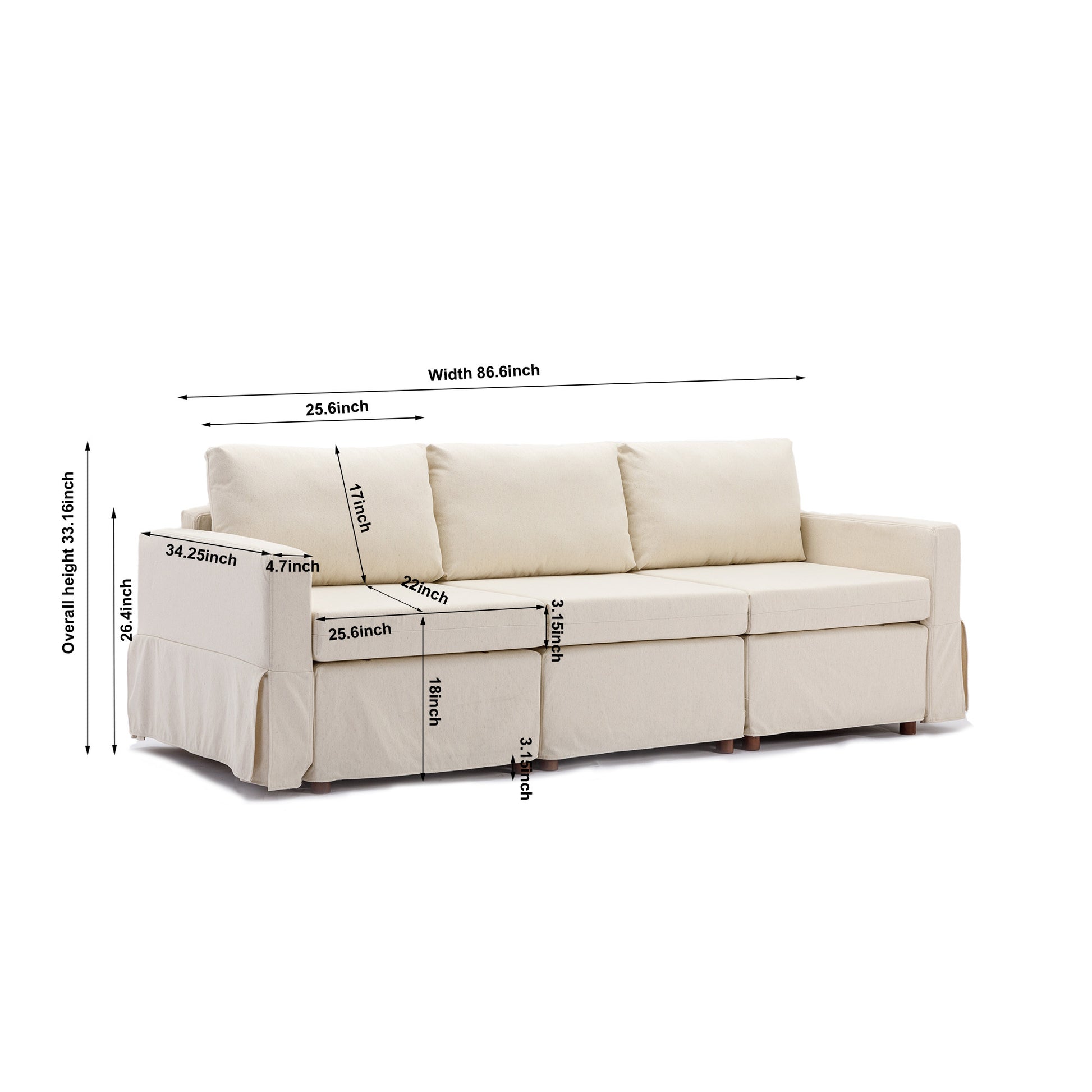 3 Seat Module Sectional Sofa Couch,Seat Cushion And Back Cushion Removable And Washable,Linen Fabric Cover,Cream Cream Wood Medium Soft Rubberwood Foam Linen 3 Seat