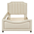 Twin Size Upholstered Daybed With Classic Stripe Shaped Headboard, Beige Beige Velvet