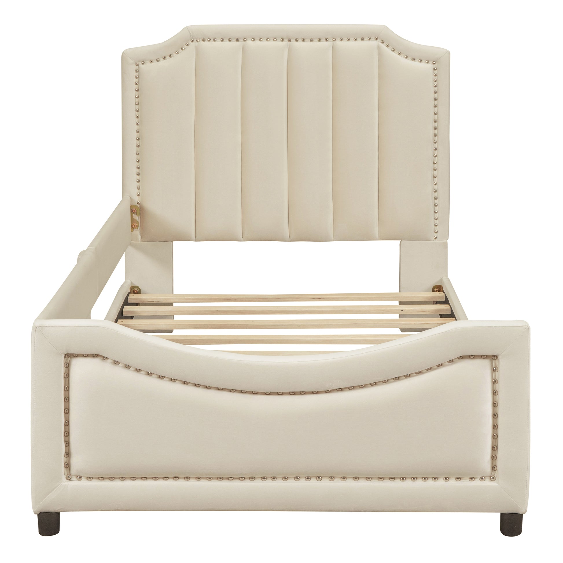 Twin Size Upholstered Daybed With Classic Stripe Shaped Headboard, Beige Beige Velvet