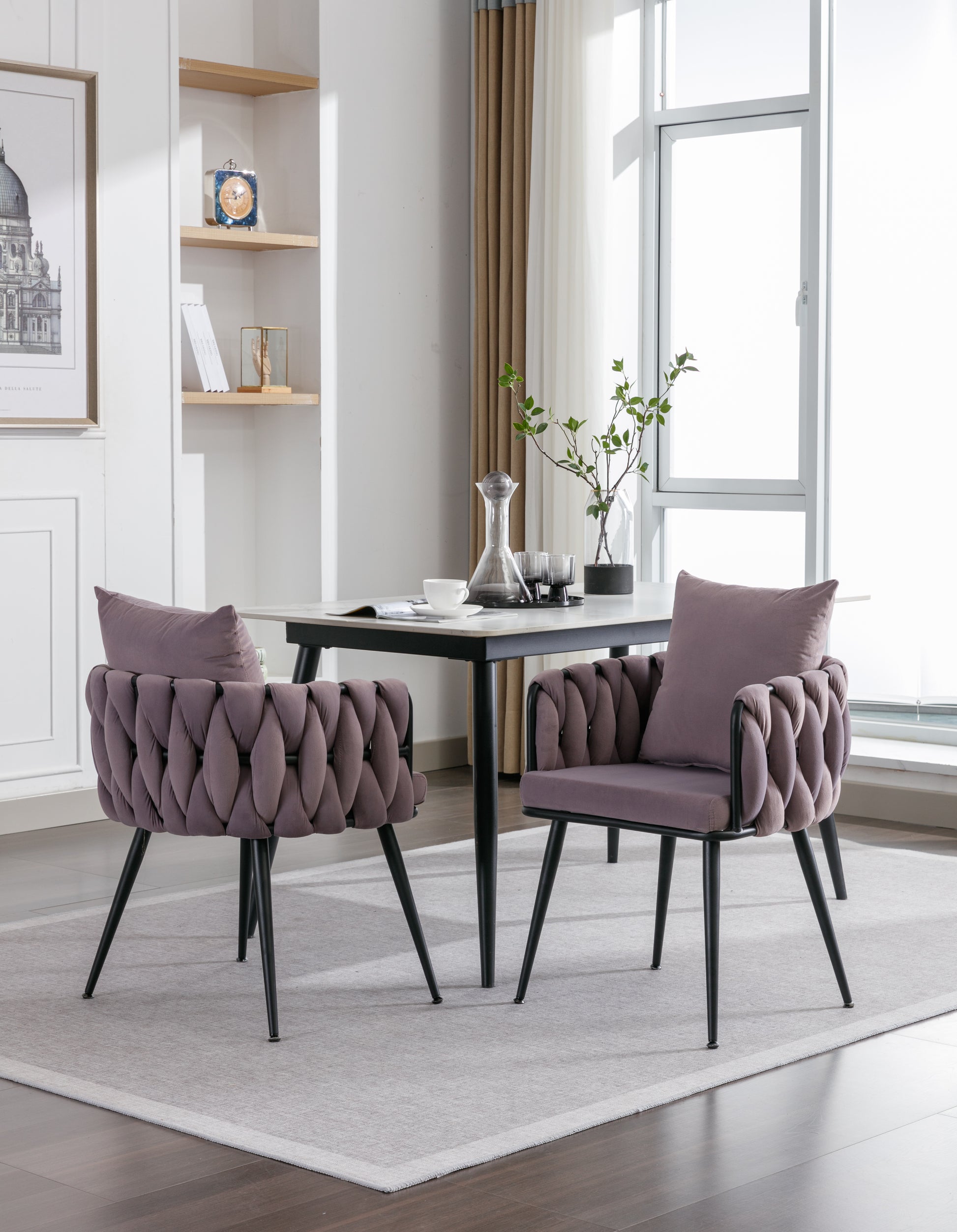 Pure Purple Modern Velvet Dining Chairs Set Of 2 Hand Weaving Accent Chairs Living Room Chairs Upholstered Side Chair With Black Metal Legs For Dining Room Kitchen Vanity Living Room Purple Velvet
