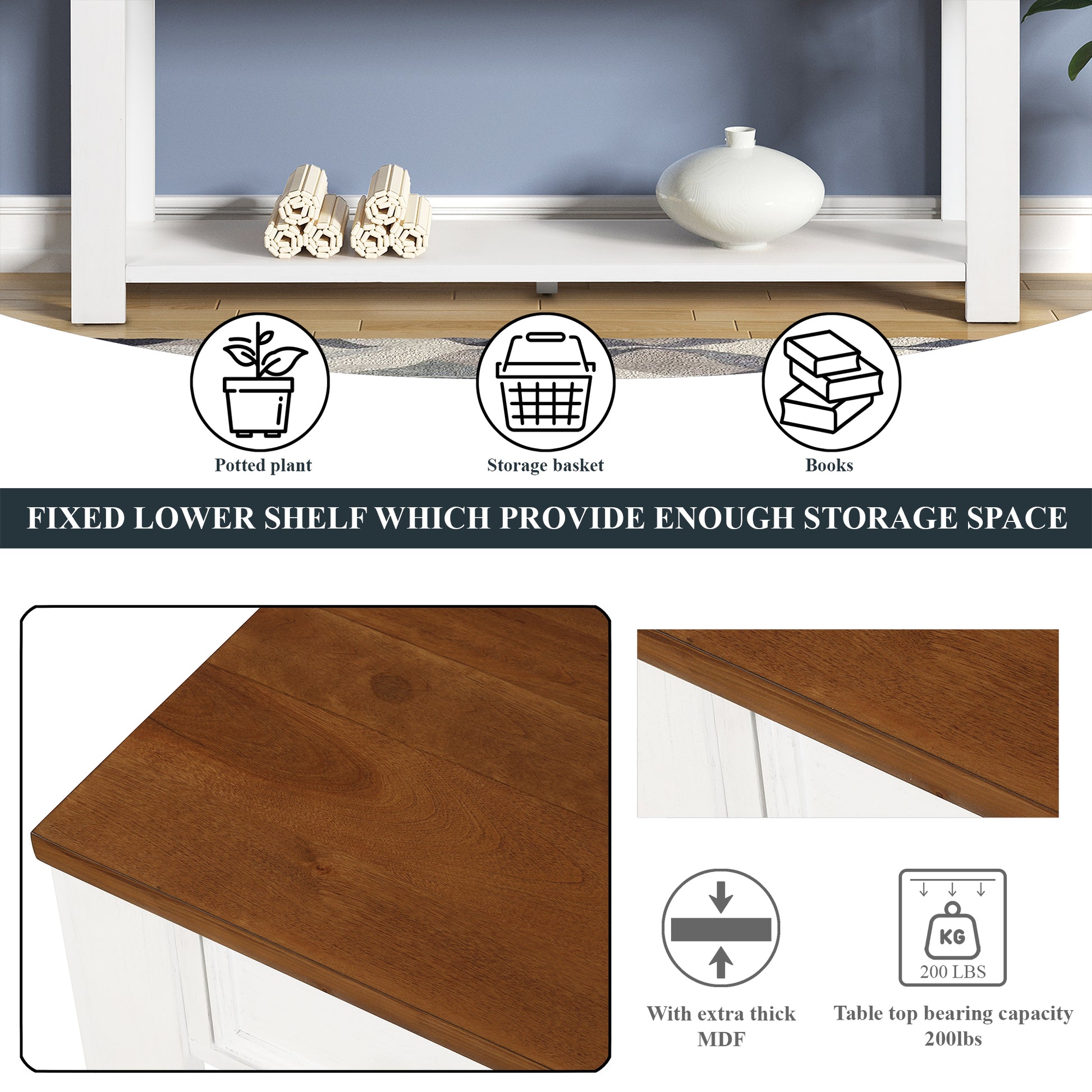 63" Pine Wood Console Table With 4 Drawers And 1 Bottom Shelf For Entryway Hallway Easy Assembly 63 Inch Long Sofa Table Antique White Brown Top Antique White Pine