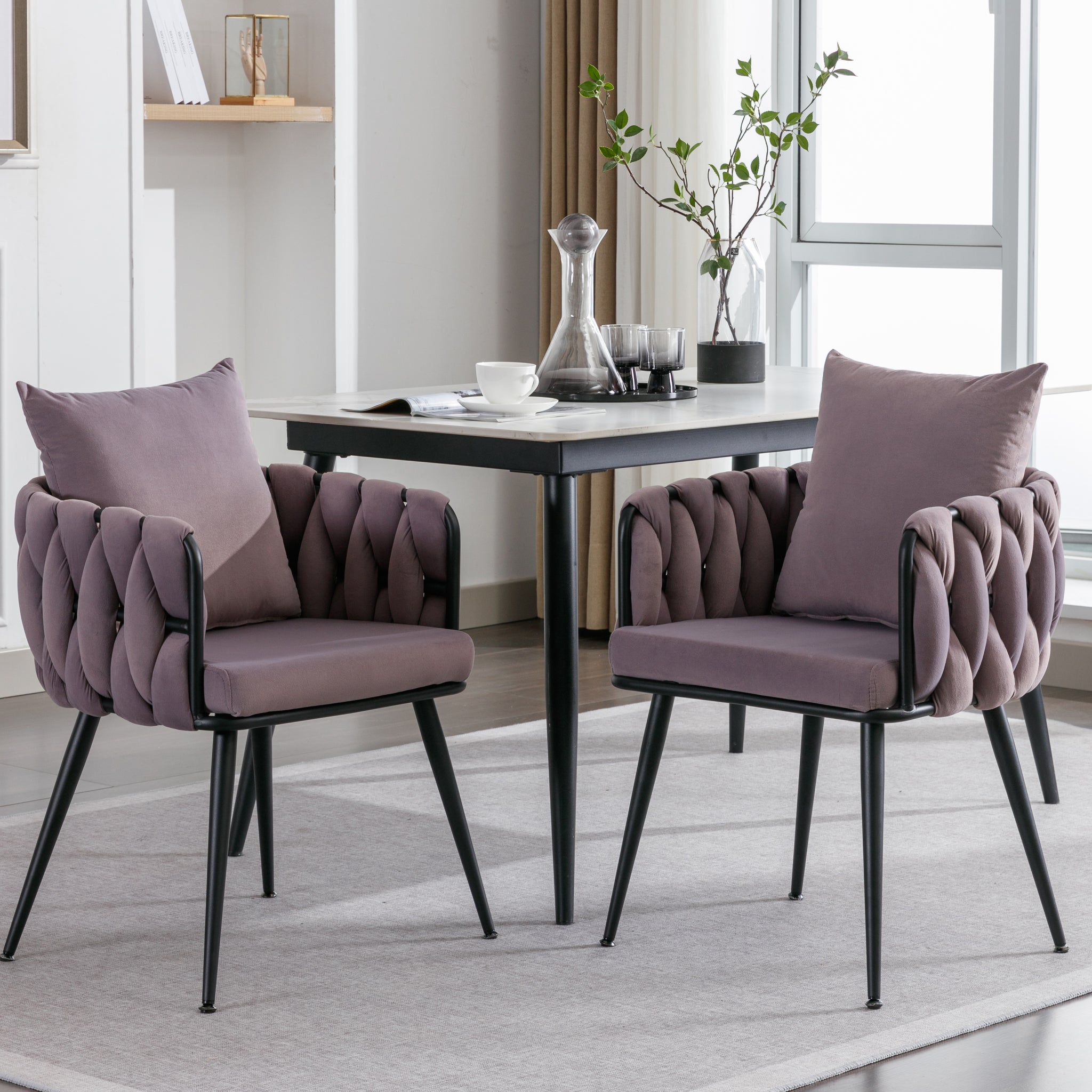 Pure Purple Modern Velvet Dining Chairs Set Of 2 Hand Weaving Accent Chairs Living Room Chairs Upholstered Side Chair With Black Metal Legs For Dining Room Kitchen Vanity Living Room Purple Velvet