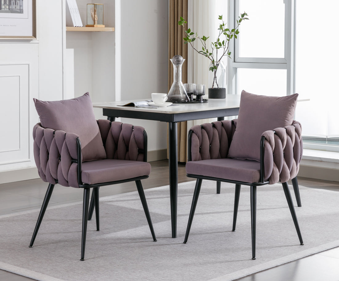 Pure Purple Modern Velvet Dining Chairs Set Of 2 Hand Weaving Accent Chairs Living Room Chairs Upholstered Side Chair With Black Metal Legs For Dining Room Kitchen Vanity Living Room Purple Velvet