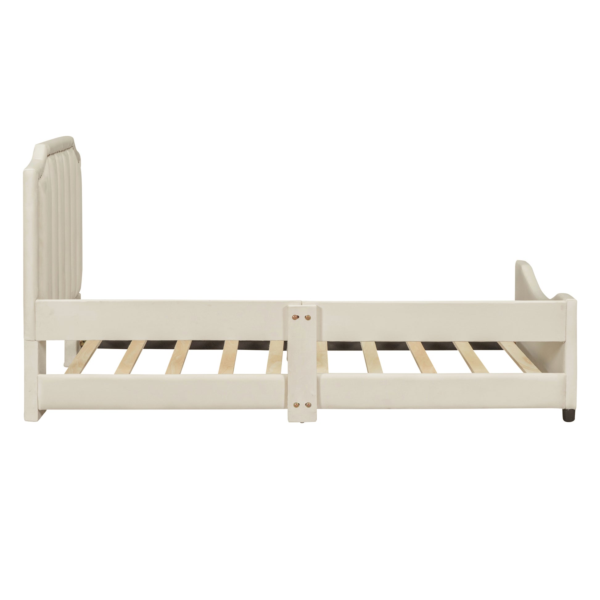 Twin Size Upholstered Daybed With Classic Stripe Shaped Headboard, Beige Beige Velvet