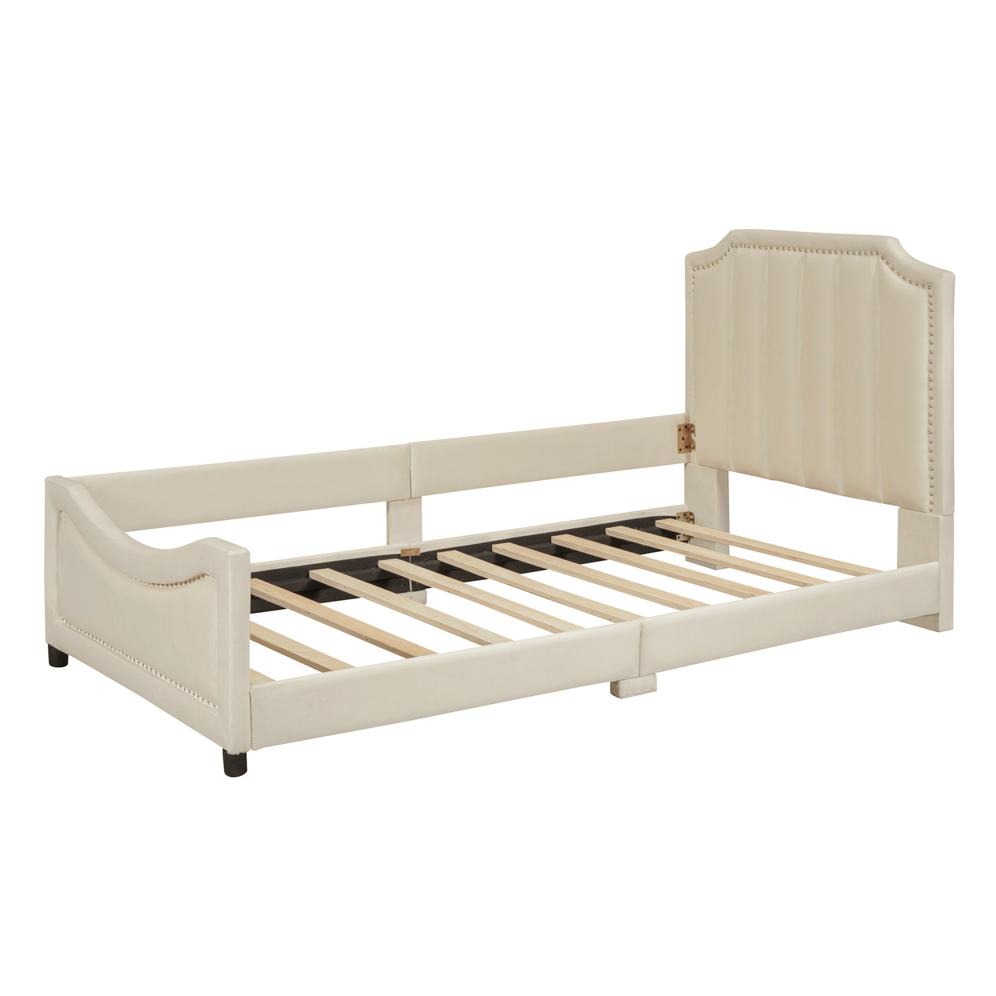Twin Size Upholstered Daybed With Classic Stripe Shaped Headboard, Beige Beige Velvet