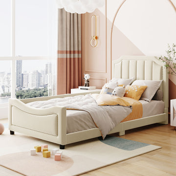 Twin Size Upholstered Daybed With Classic Stripe Shaped Headboard, Beige Beige Velvet