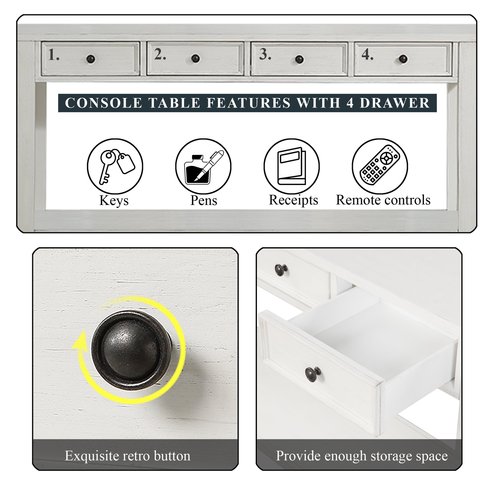 63" Pine Wood Console Table With 4 Drawers And 1 Bottom Shelf For Entryway Hallway Easy Assembly 63 Inch Long Sofa Table Antique White Antique White Pine