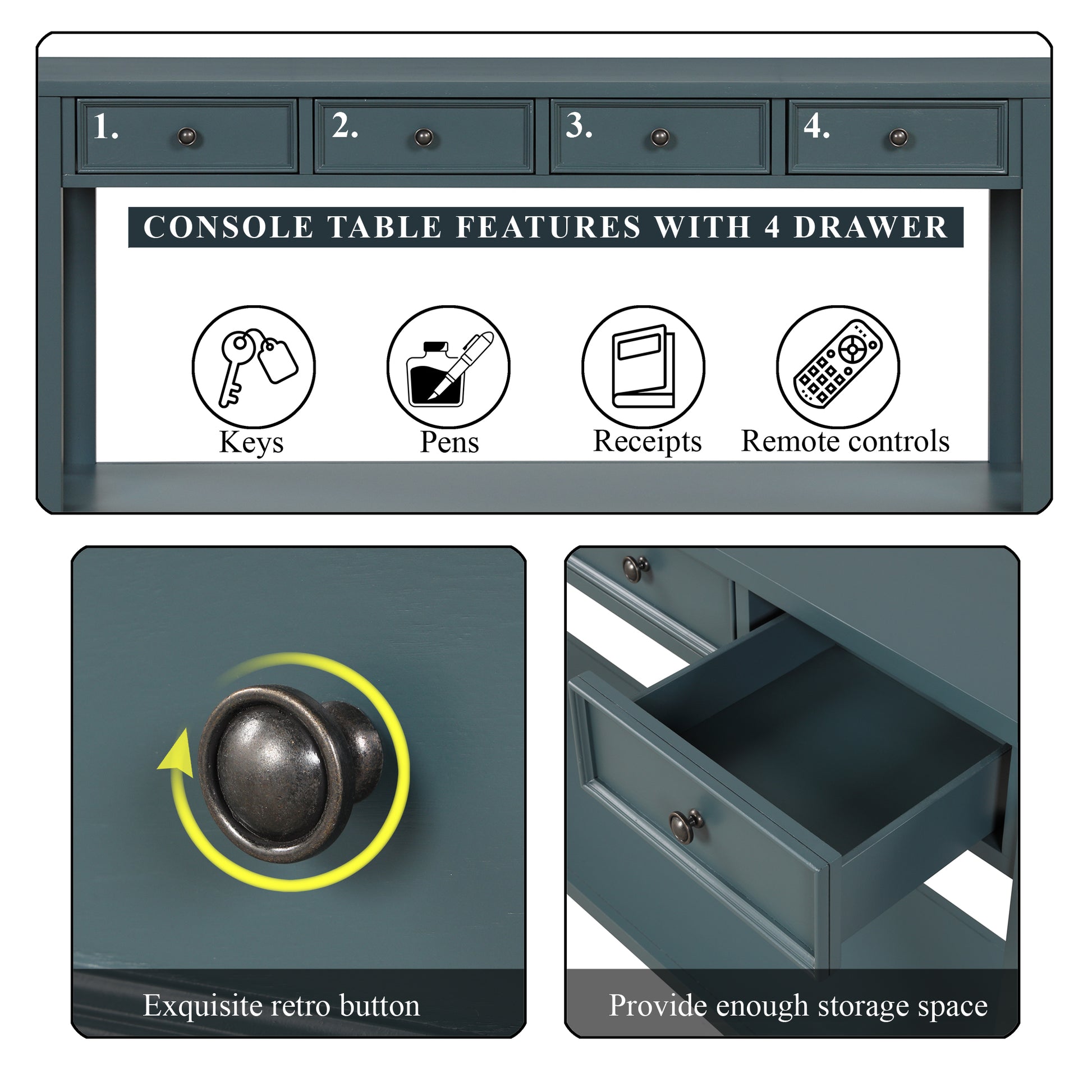 63" Pine Wood Console Table With 4 Drawers And 1 Bottom Shelf For Entryway Hallway Easy Assembly 63 Inch Long Sofa Table Dark Blue Blue Pine