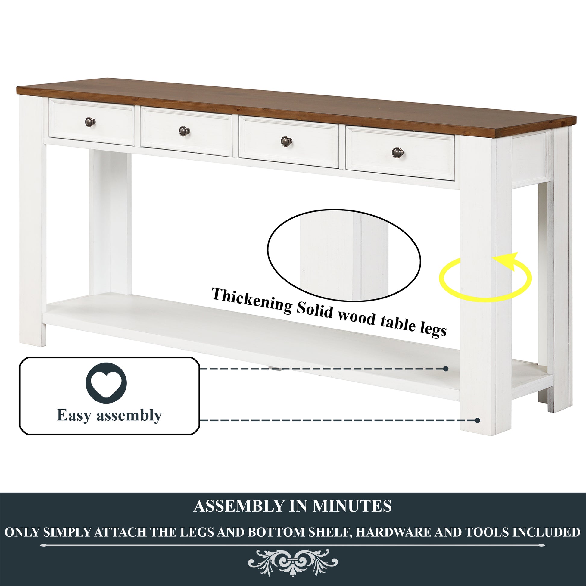 63" Pine Wood Console Table With 4 Drawers And 1 Bottom Shelf For Entryway Hallway Easy Assembly 63 Inch Long Sofa Table Antique White Brown Top Antique White Pine