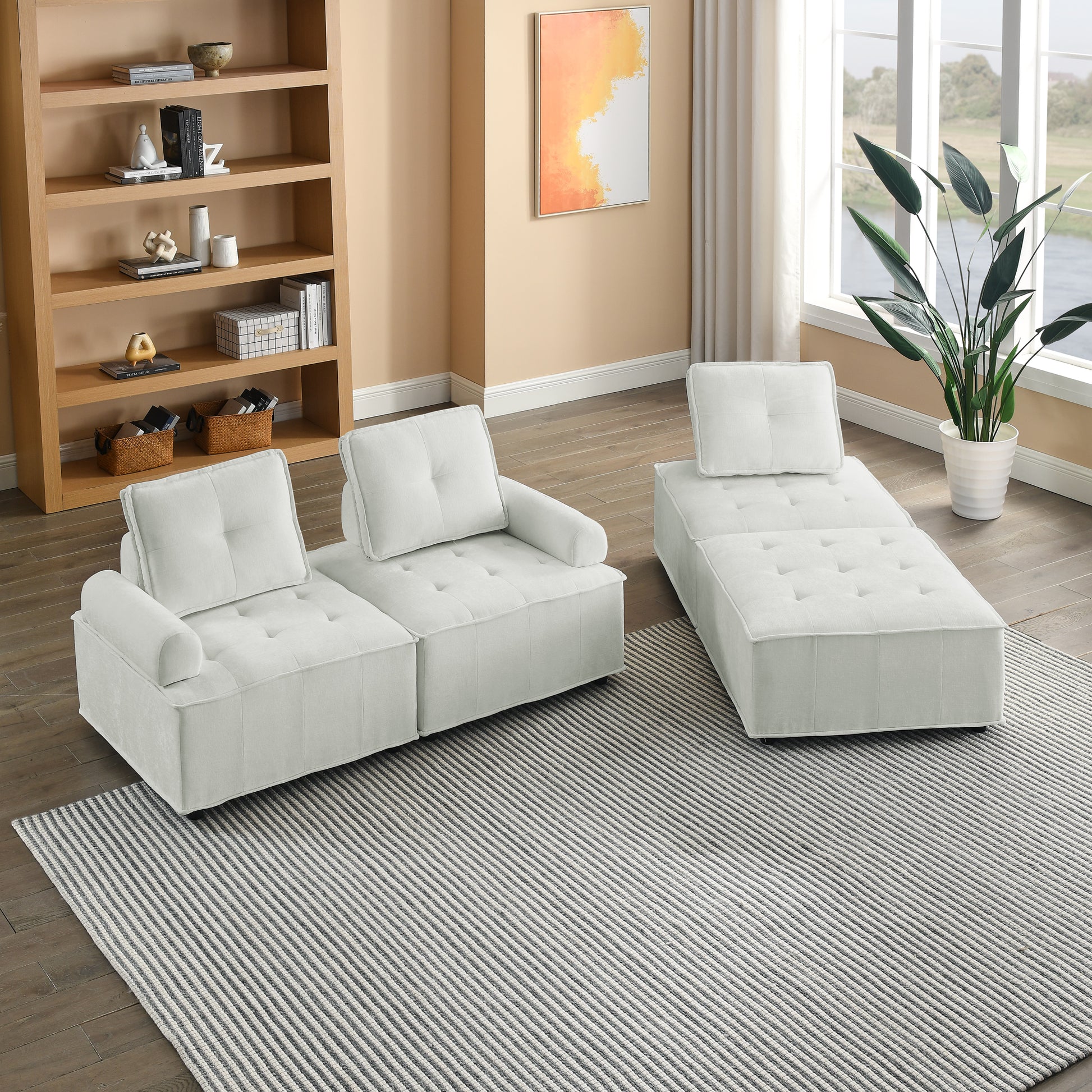 L Shape Modular Sectional Sofa, Diy Combination, Chenille White Chenille Wood Tight Back Eucalyptus Square Arms Foam Chenille 4 Seat