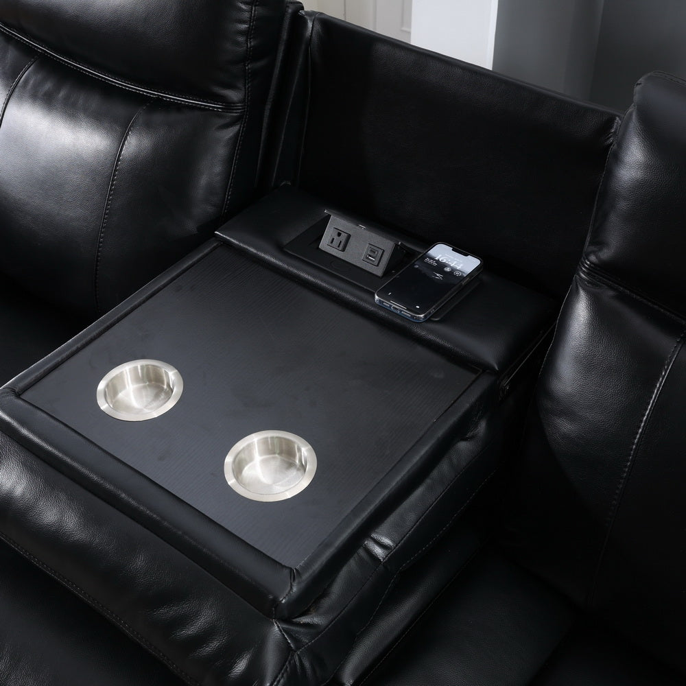 Power Reclining Sofa With Led Strip Drop Off Table Black Color Black Technical Leather