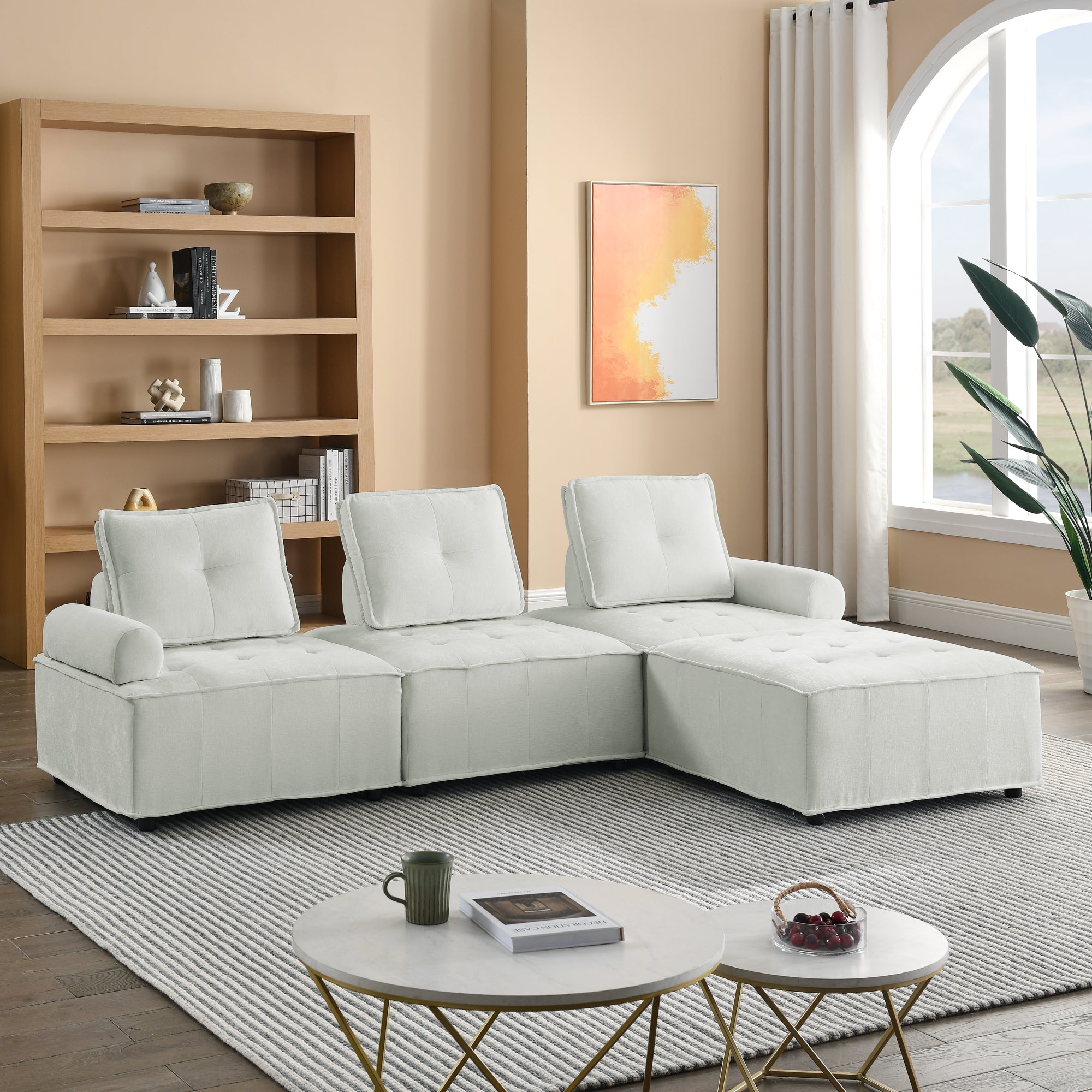 L Shape Modular Sectional Sofa, Diy Combination, Chenille White Chenille Wood Tight Back Eucalyptus Square Arms Foam Chenille 4 Seat