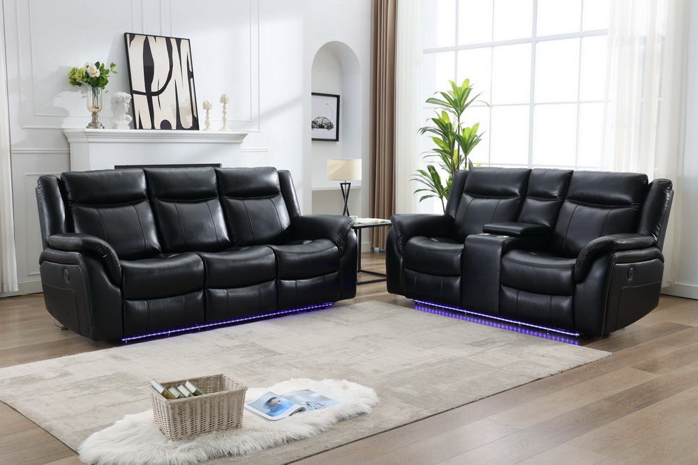 M05 2 Pieces Power Reclining Sofa Sets,Technical Leather Power Reclining Loveseat Power Recliner W Wireless Charger Led Strip For Living Room,Black Black Technical Leather