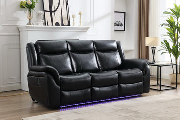 Power Reclining Sofa With Led Strip Drop Off Table Black Color Black Technical Leather