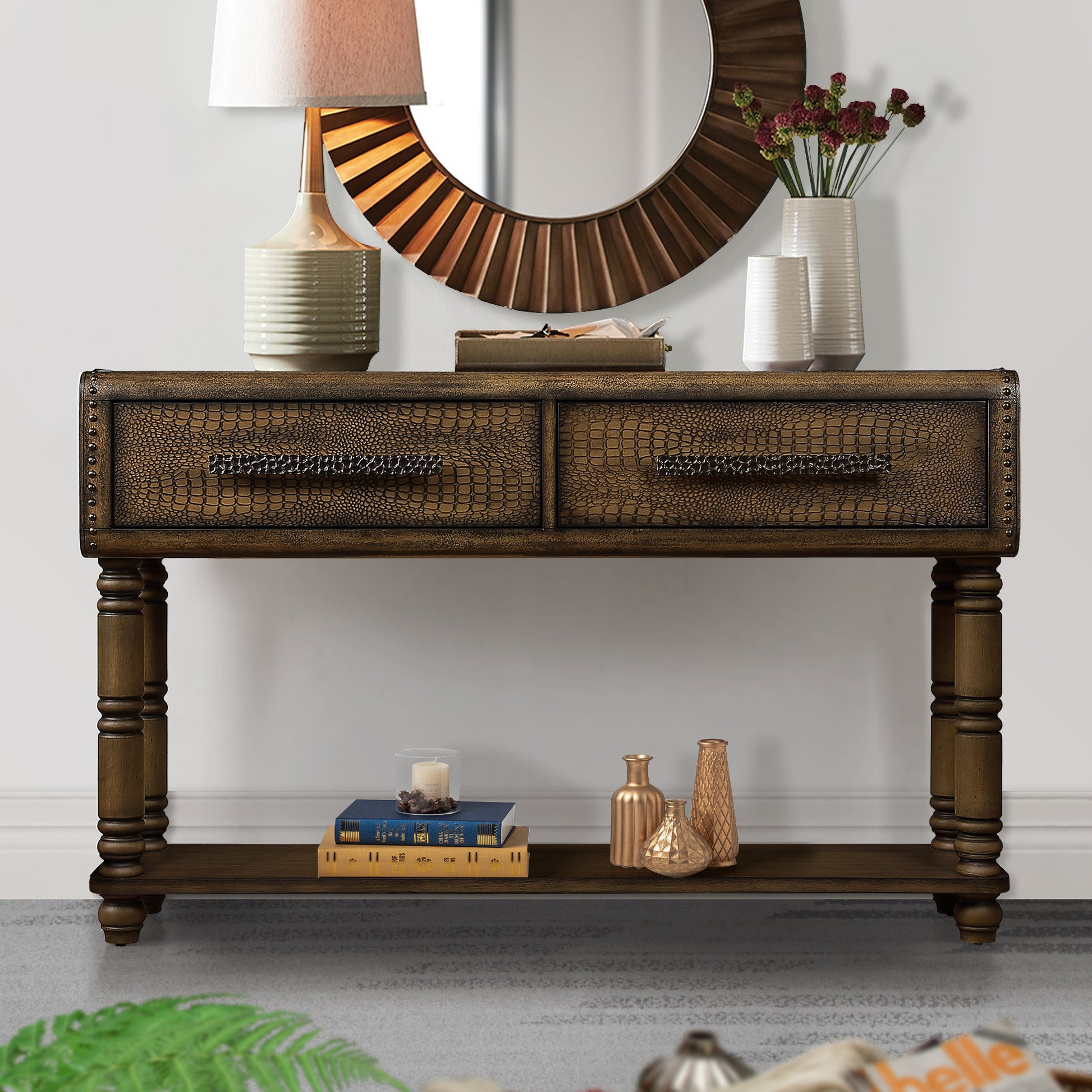 Light Luxury Retro Sofa Table With Outlets, 54 Inch Pine Wood Console Table With 2 Power Outlets And 2 Usb Ports For Entryway Hallway Living Room With Solid Wood Legs Antique Yellow Antique Yellow Built In Outlets Or Usb Primary Living Space American