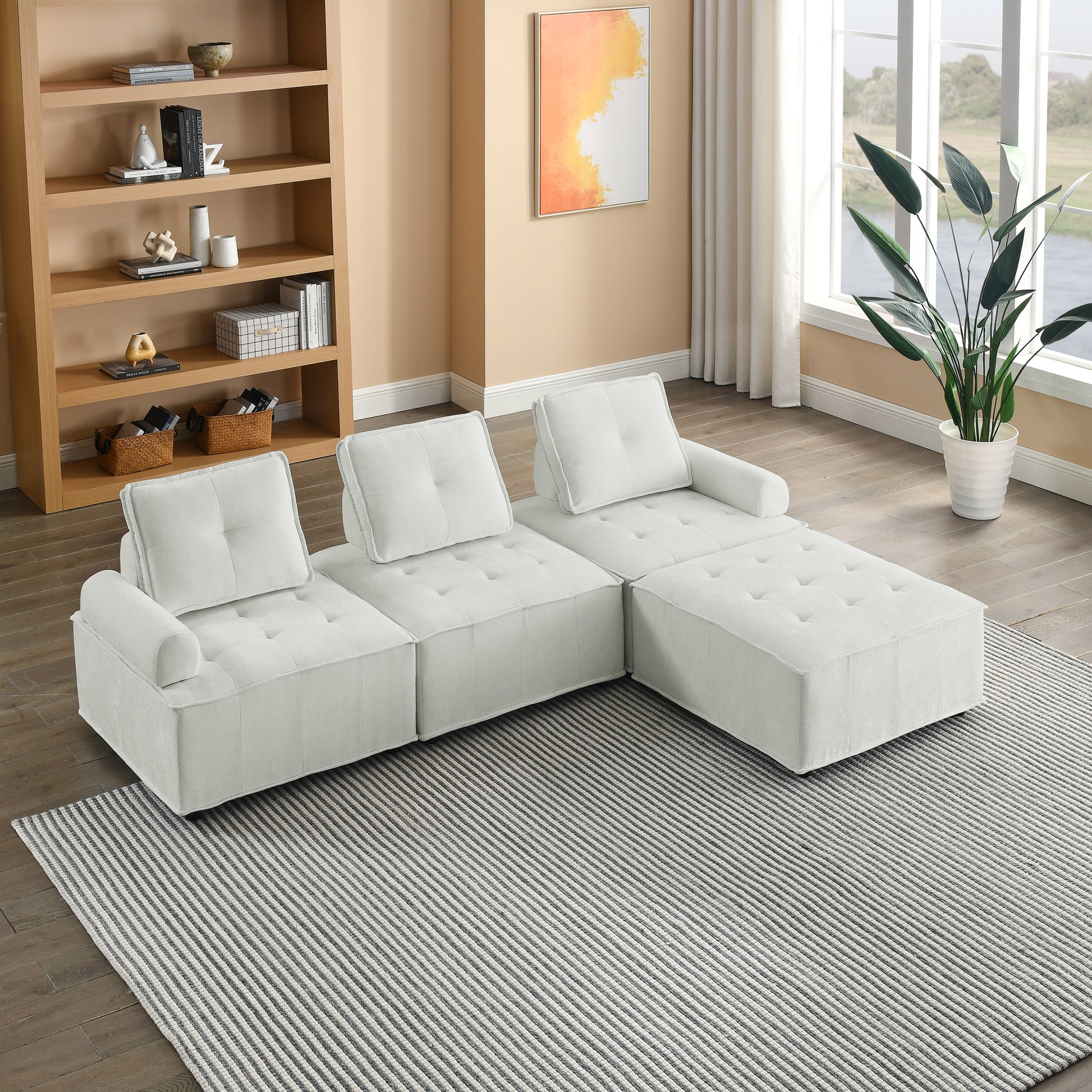 L Shape Modular Sectional Sofa, Diy Combination, Chenille White Chenille Wood Tight Back Eucalyptus Square Arms Foam Chenille 4 Seat