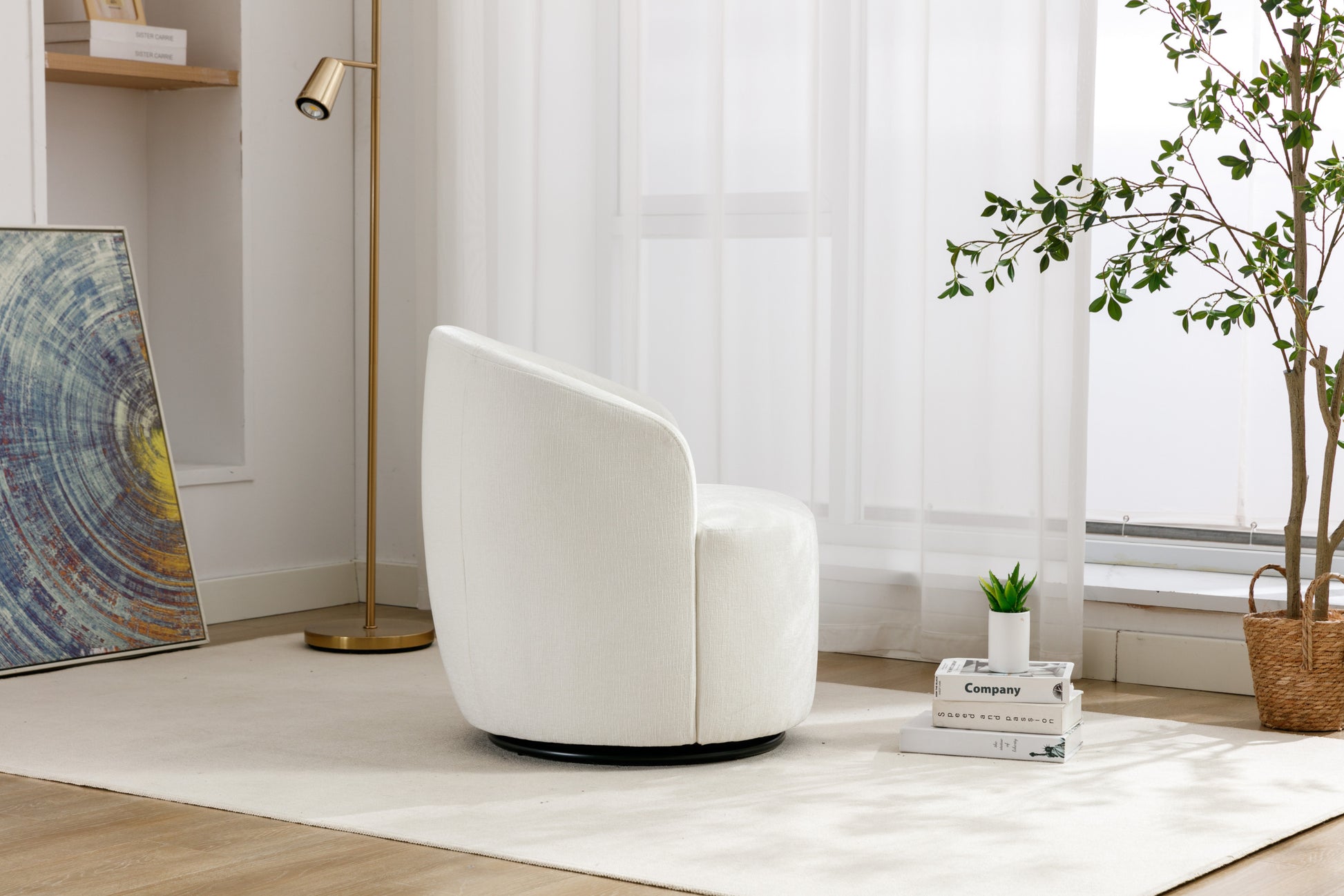 Chenille Fabric Swivel Accent Armchair Barrel Chair With Black Powder Coating Metal Ring,Ivory Ivory Foam Chenille
