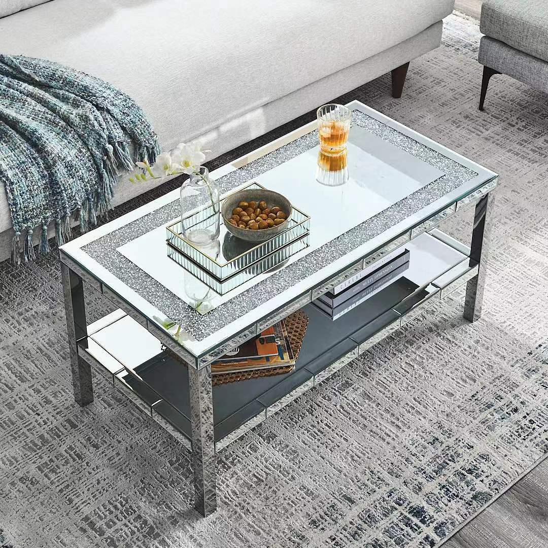 W 39.5" X D 19.5"X H 19.5" 2 Layer Crystal Mirror Stainless Steel Frame Coffee Table For Use In Offices, Shops, Living Rooms, Or Bedrooms Keyboard Tray Office Silver Computer Desk American Design Manual Freestanding Rectangular Open Storage Coffee & End