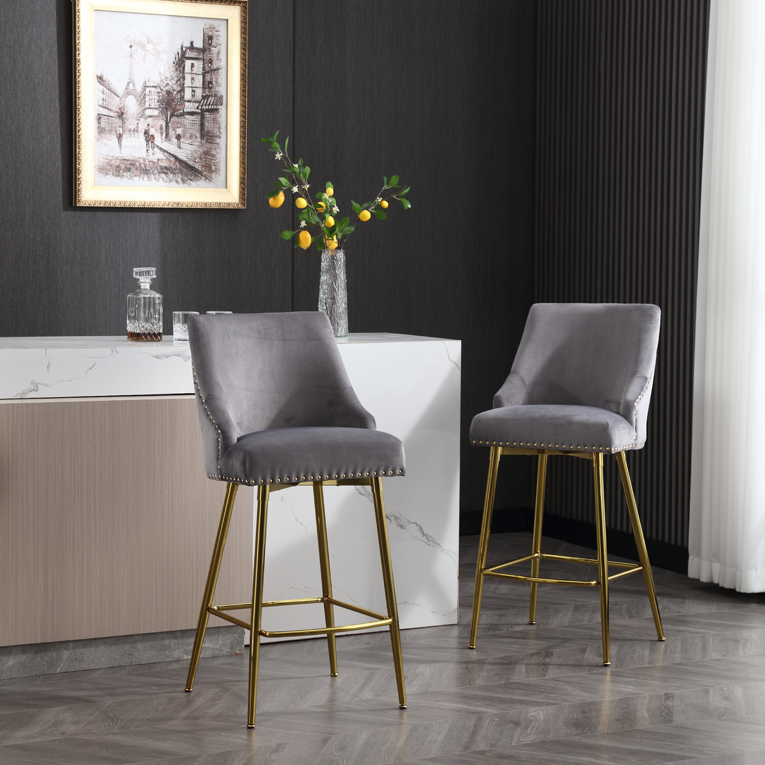 Hengming Velvet High Bar Chair With Gold Zipper High Back, Suitable For Bar Area, Dining Area, Leisure Area And Other Occasions Gray Velvet