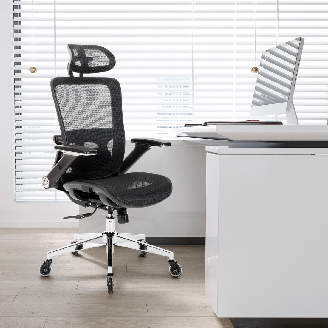 Black Ergonomic Mesh Office Chair, High Back Adjustable Headrest With Flip Up Arms, Tilt And Lock Function, Lumbar Support And Blade Wheels, Kd Chrome Metal Legs Black Office American Design Office