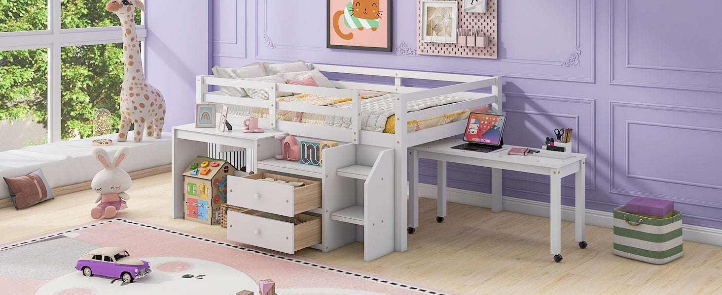 Full Size Loft Bed With Desk And Drawers, Wooden Loft Bed With Lateral Portable Desk, White White Solid Wood Mdf