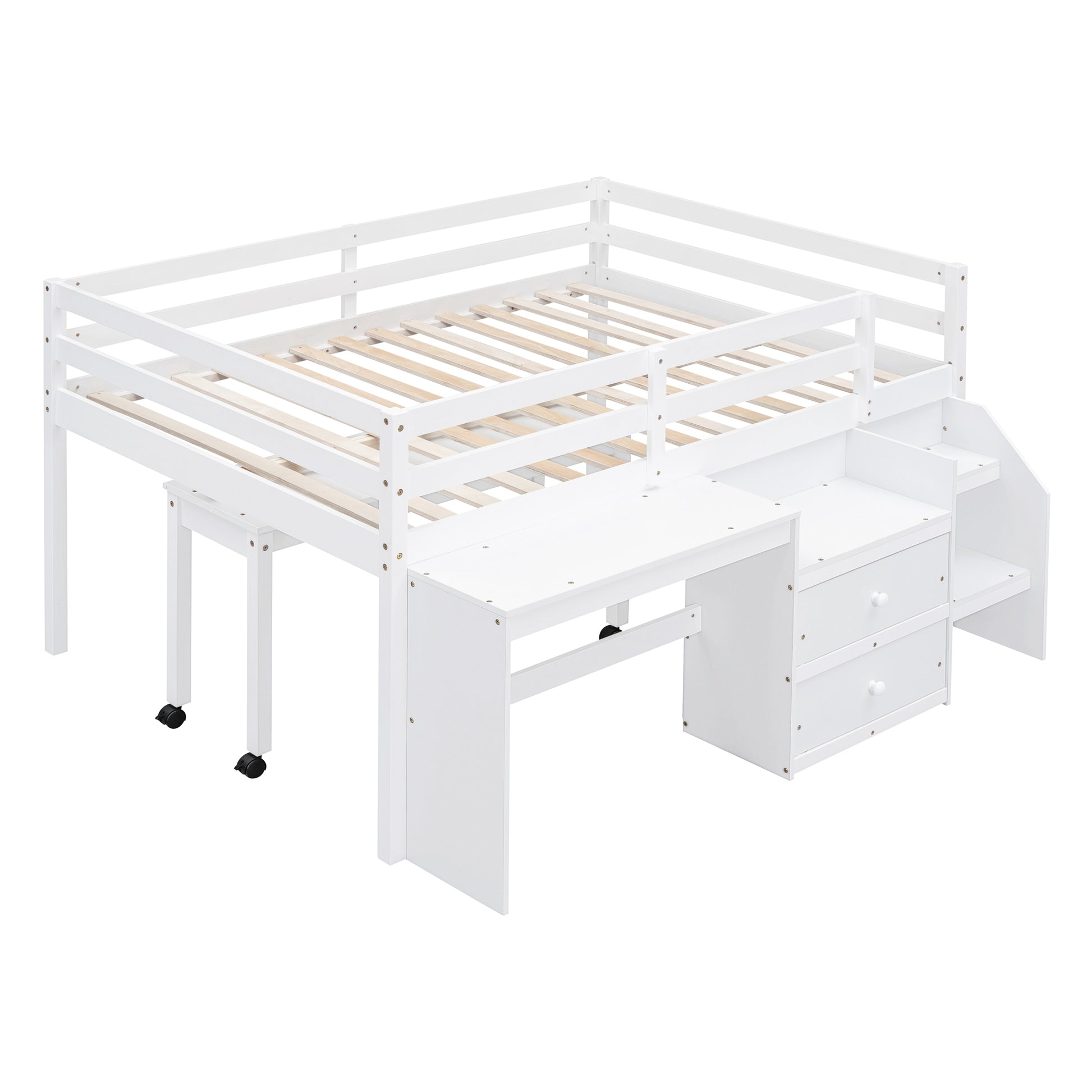 Full Size Loft Bed With Desk And Drawers, Wooden Loft Bed With Lateral Portable Desk, White White Solid Wood Mdf