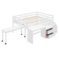 Full Size Loft Bed With Desk And Drawers, Wooden Loft Bed With Lateral Portable Desk, White White Solid Wood Mdf