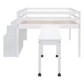 Full Size Loft Bed With Desk And Drawers, Wooden Loft Bed With Lateral Portable Desk, White White Solid Wood Mdf