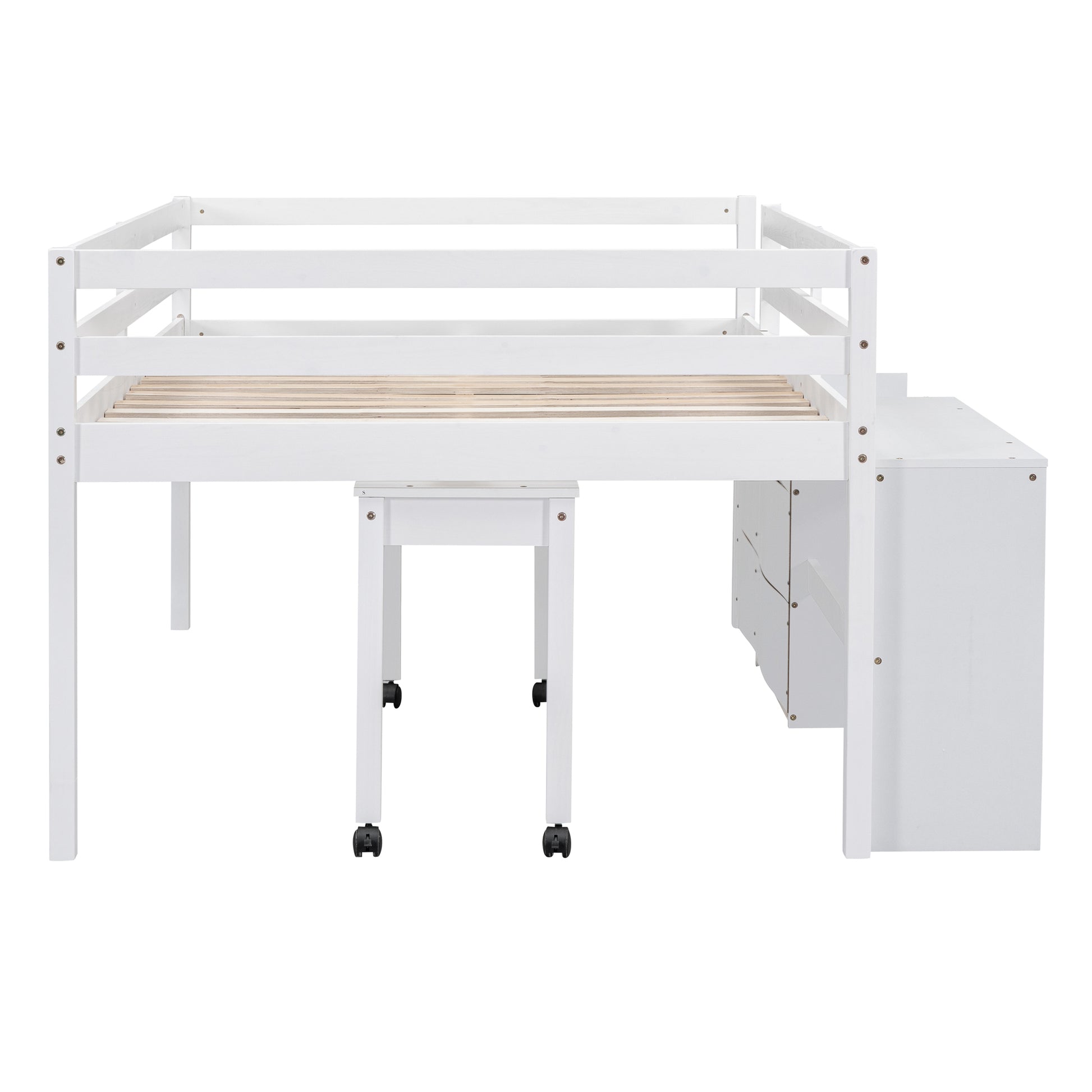 Full Size Loft Bed With Desk And Drawers, Wooden Loft Bed With Lateral Portable Desk, White White Solid Wood Mdf
