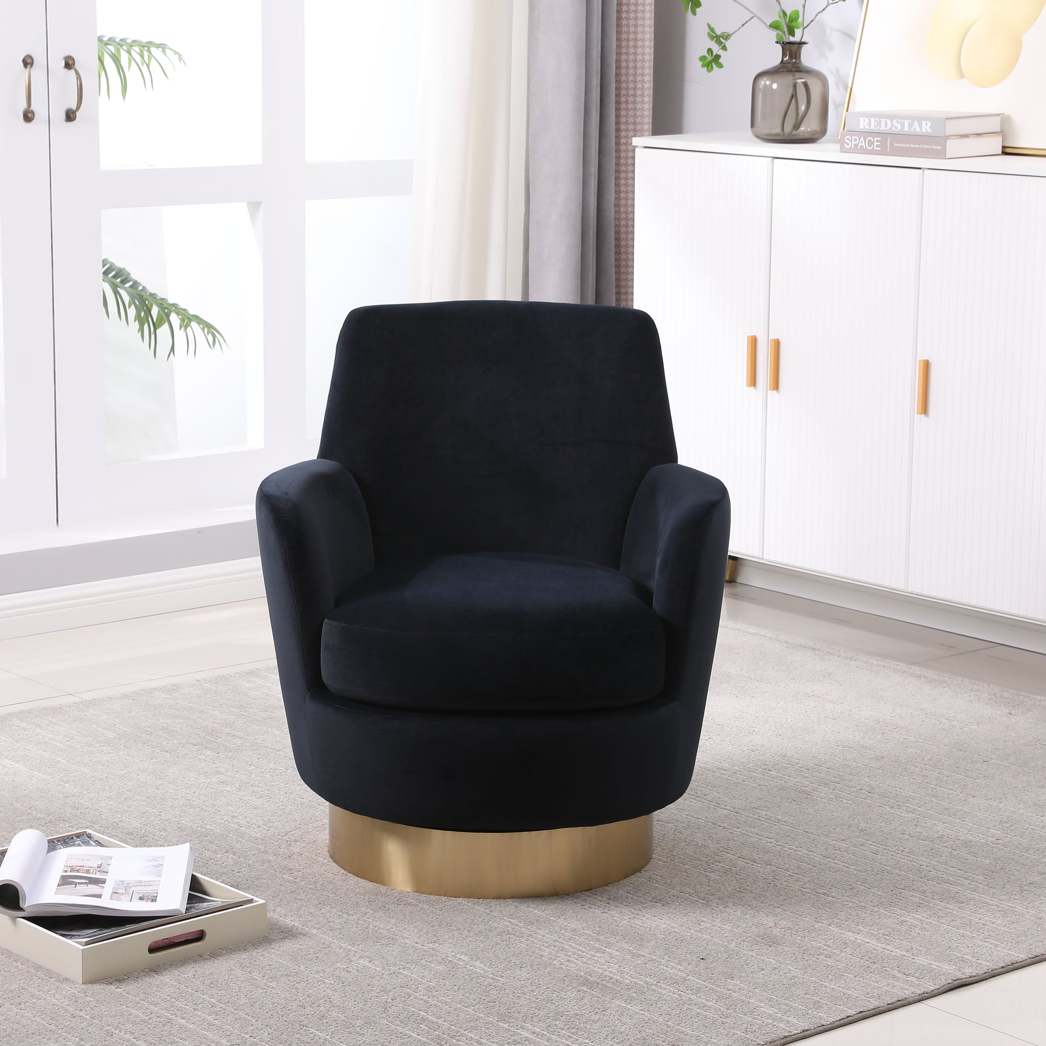 Velvet Swivel Barrel Chair, Swivel Accent Chairs Armchair For Living Room, Reading Chairs For Bedroom Comfy, Round Barrel Chairs With Gold Stainless Steel Base Black Black Primary Living Space American Design Foam Velvet
