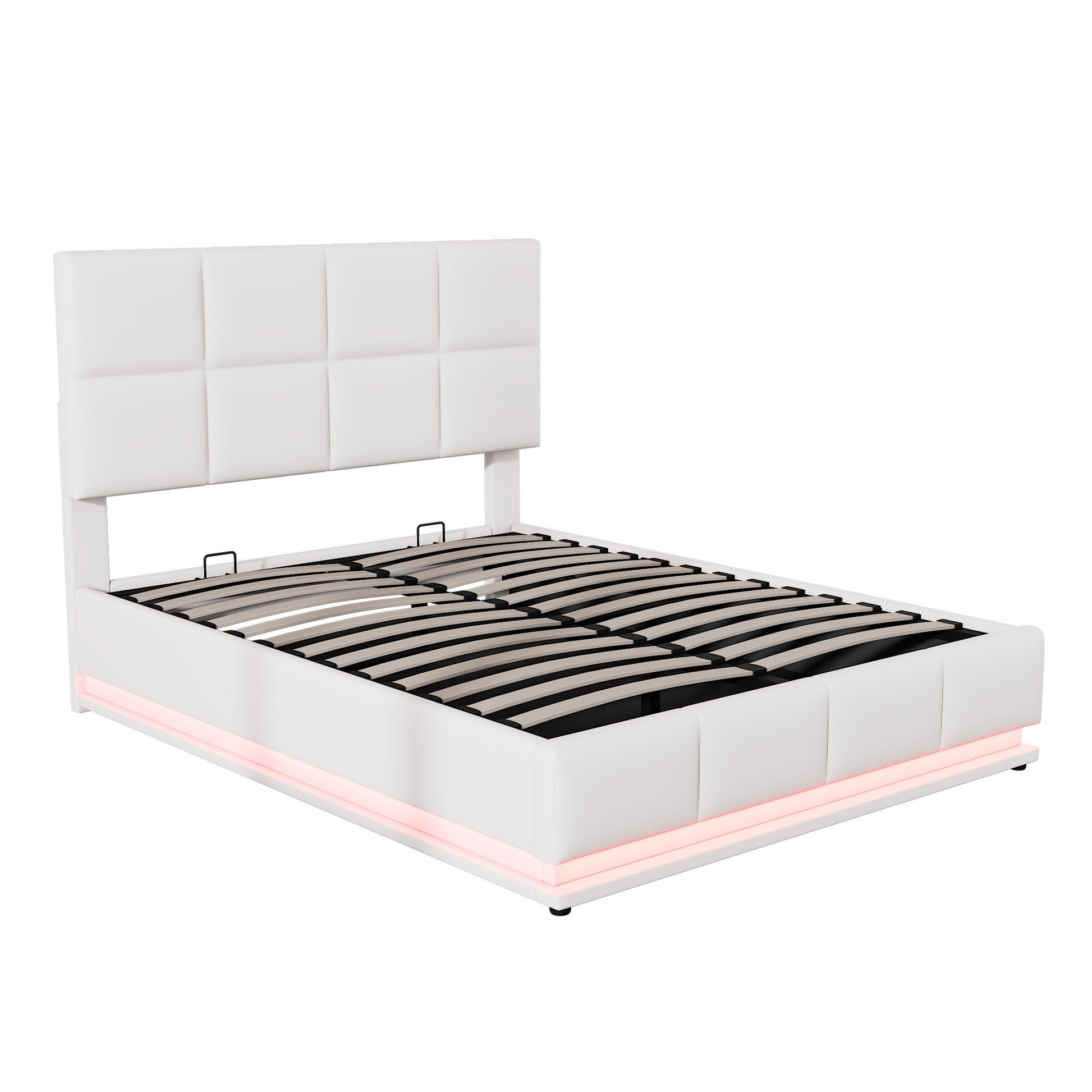 Full Size Tufted Upholstered Platform Bed With Hydraulic Storage System,Pu Storage Bed With Led Lights And Usb Charger, White White Pu
