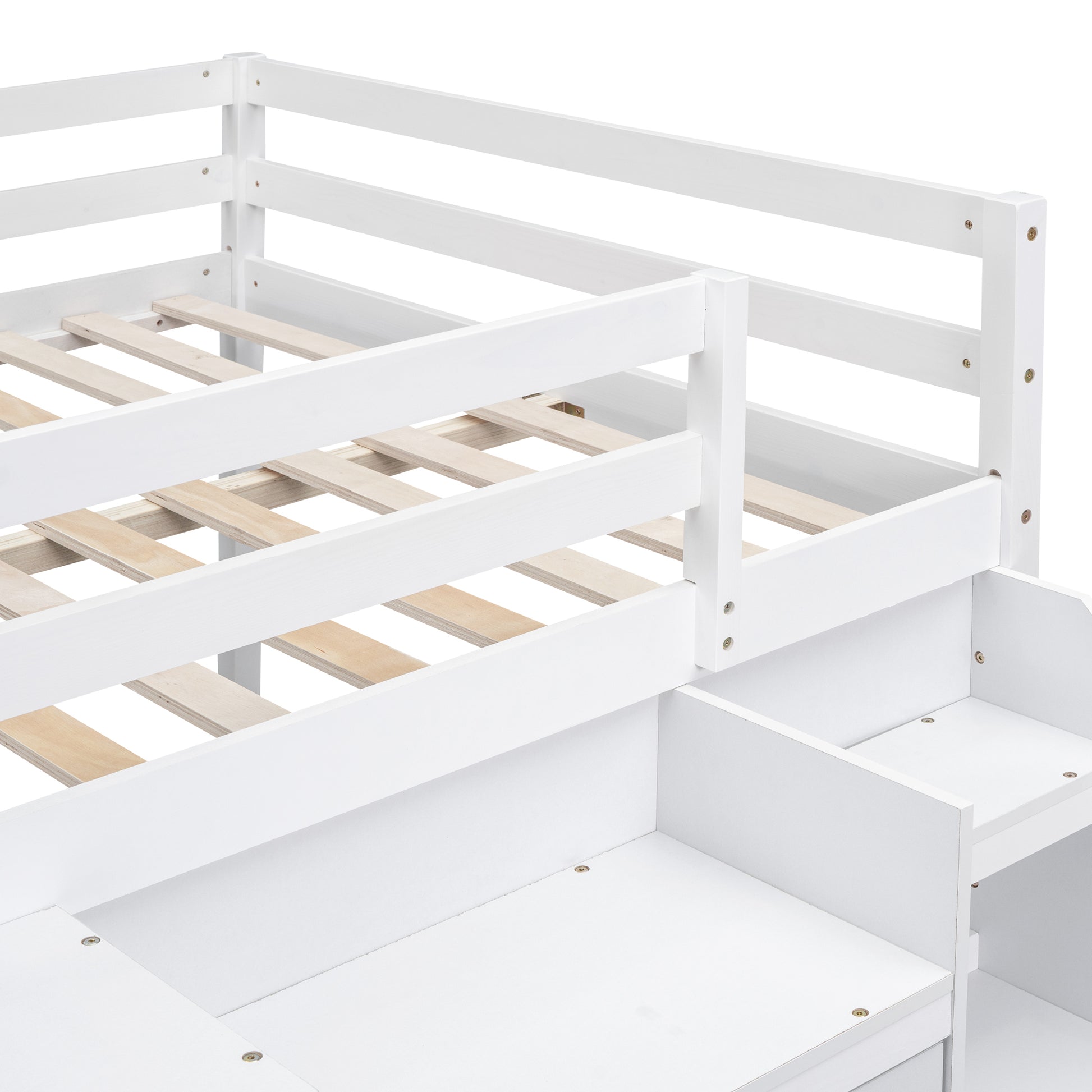 Full Size Loft Bed With Desk And Drawers, Wooden Loft Bed With Lateral Portable Desk, White White Solid Wood Mdf