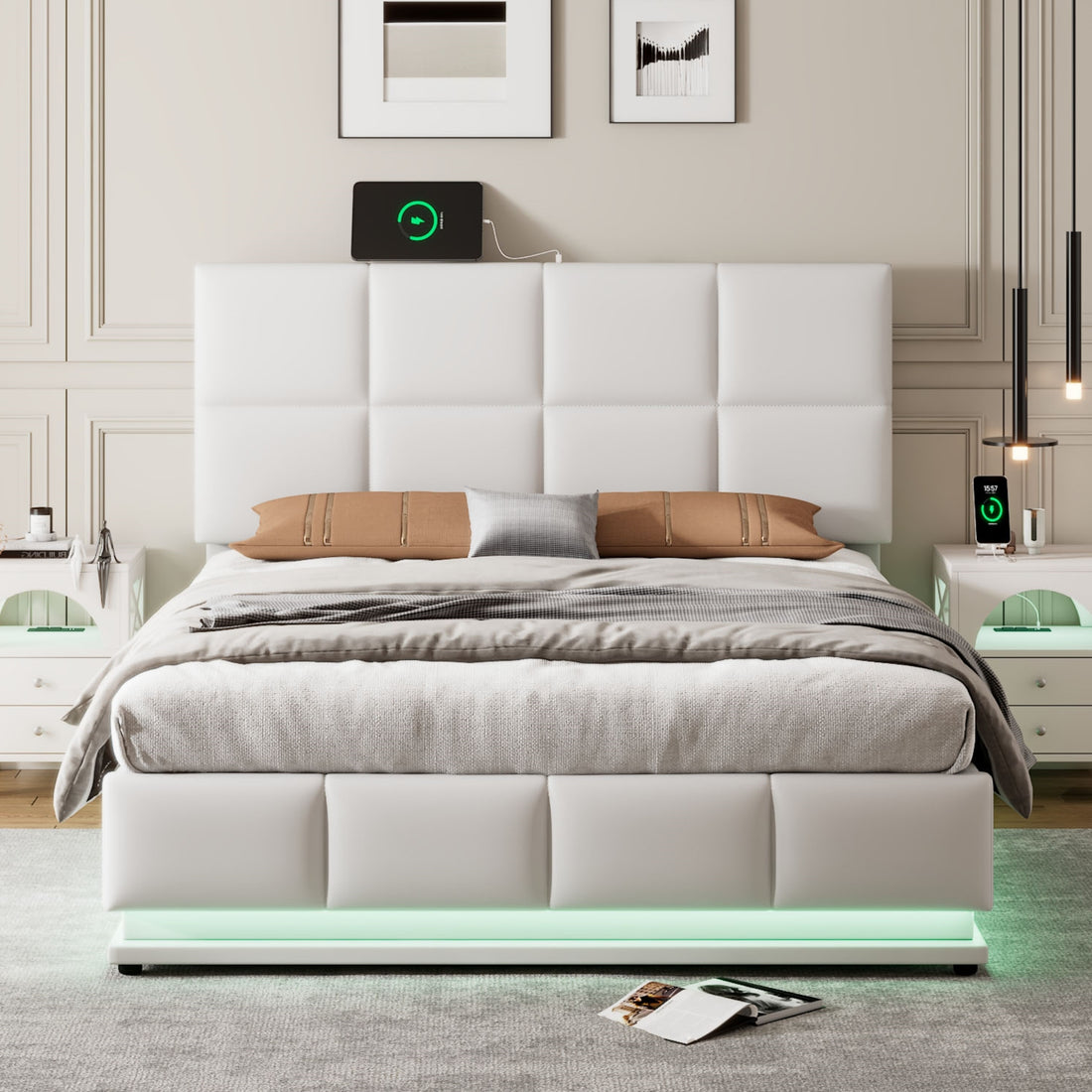 Full Size Tufted Upholstered Platform Bed With Hydraulic Storage System,Pu Storage Bed With Led Lights And Usb Charger, White White Pu