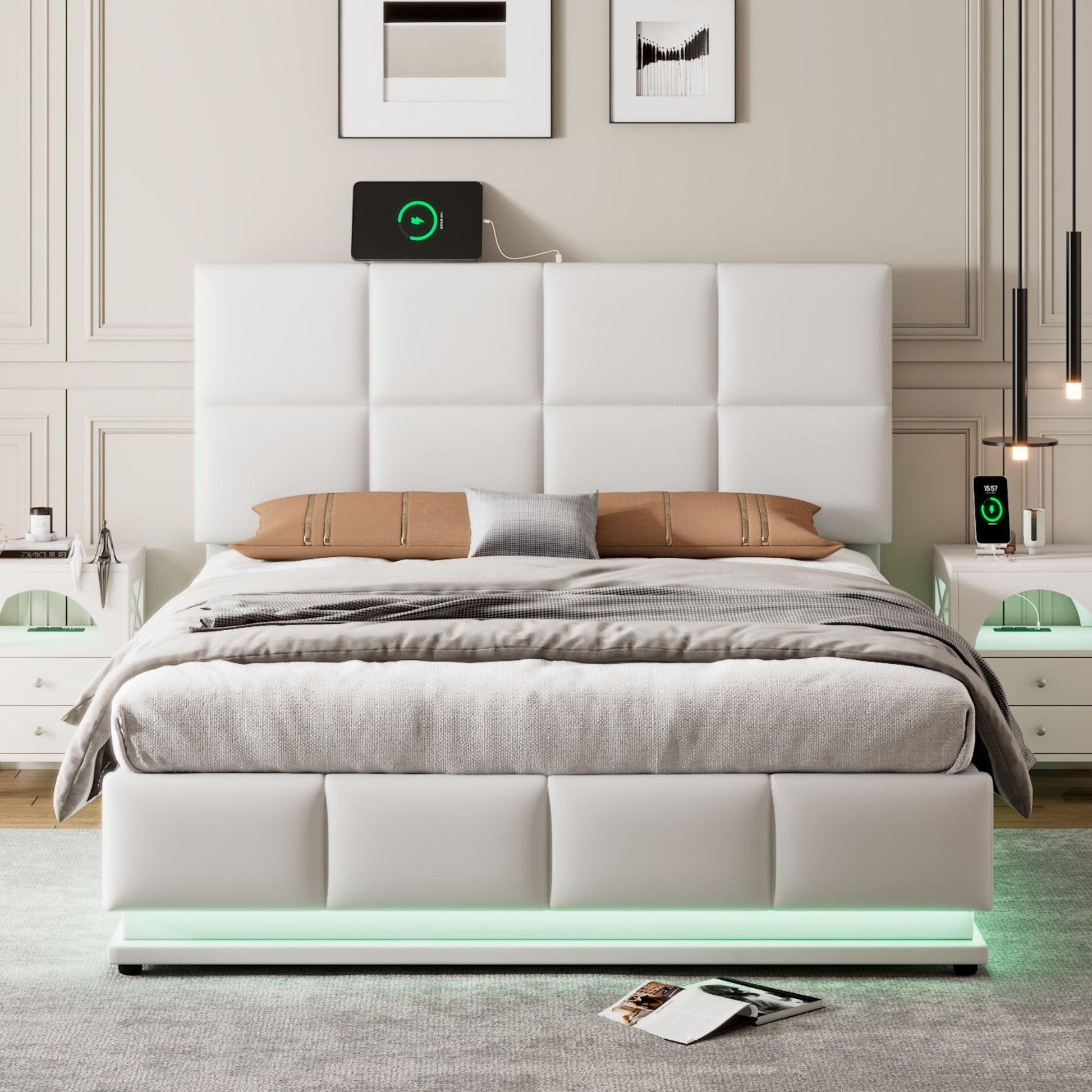 Full Size Tufted Upholstered Platform Bed With Hydraulic Storage System,Pu Storage Bed With Led Lights And Usb Charger, White White Pu