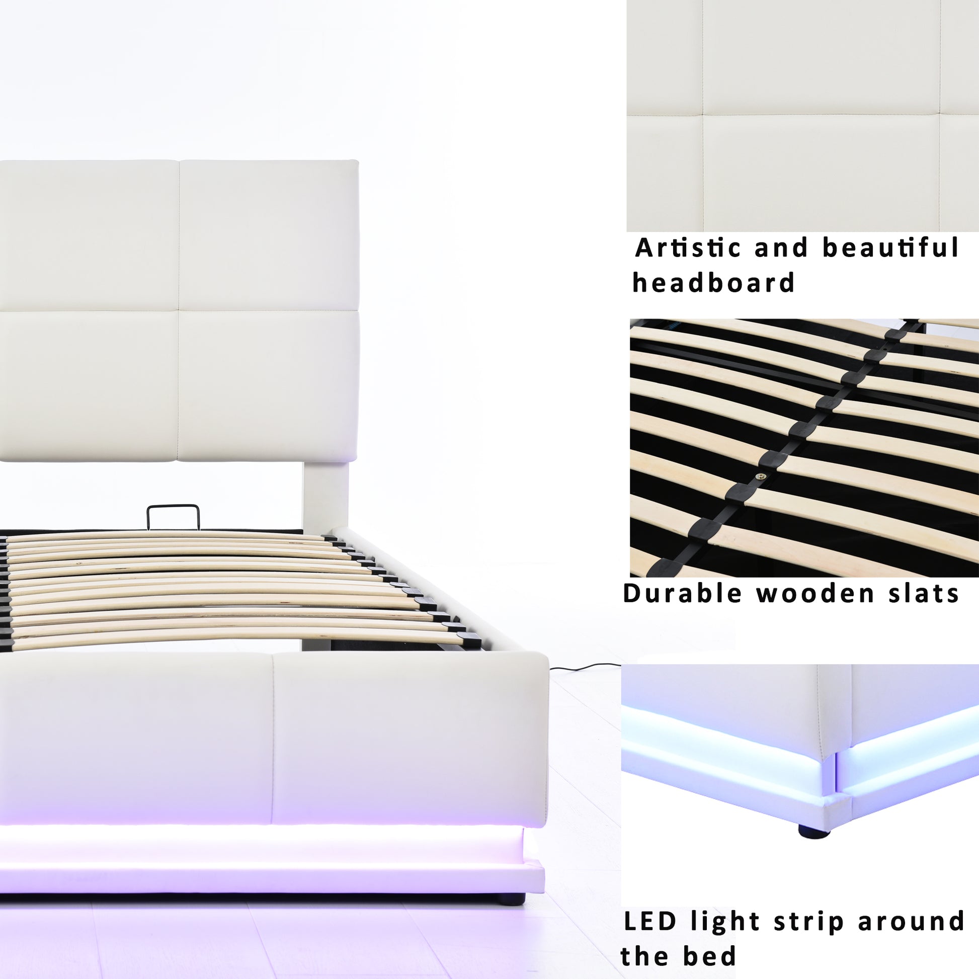 Full Size Tufted Upholstered Platform Bed With Hydraulic Storage System,Pu Storage Bed With Led Lights And Usb Charger, White White Pu