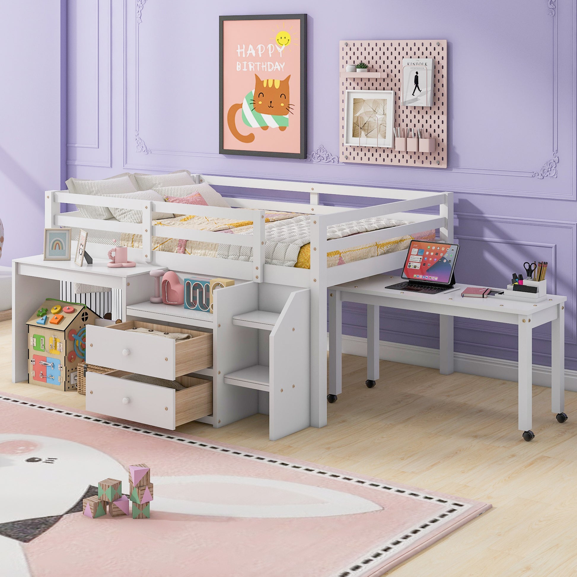 Full Size Loft Bed With Desk And Drawers, Wooden Loft Bed With Lateral Portable Desk, White White Solid Wood Mdf