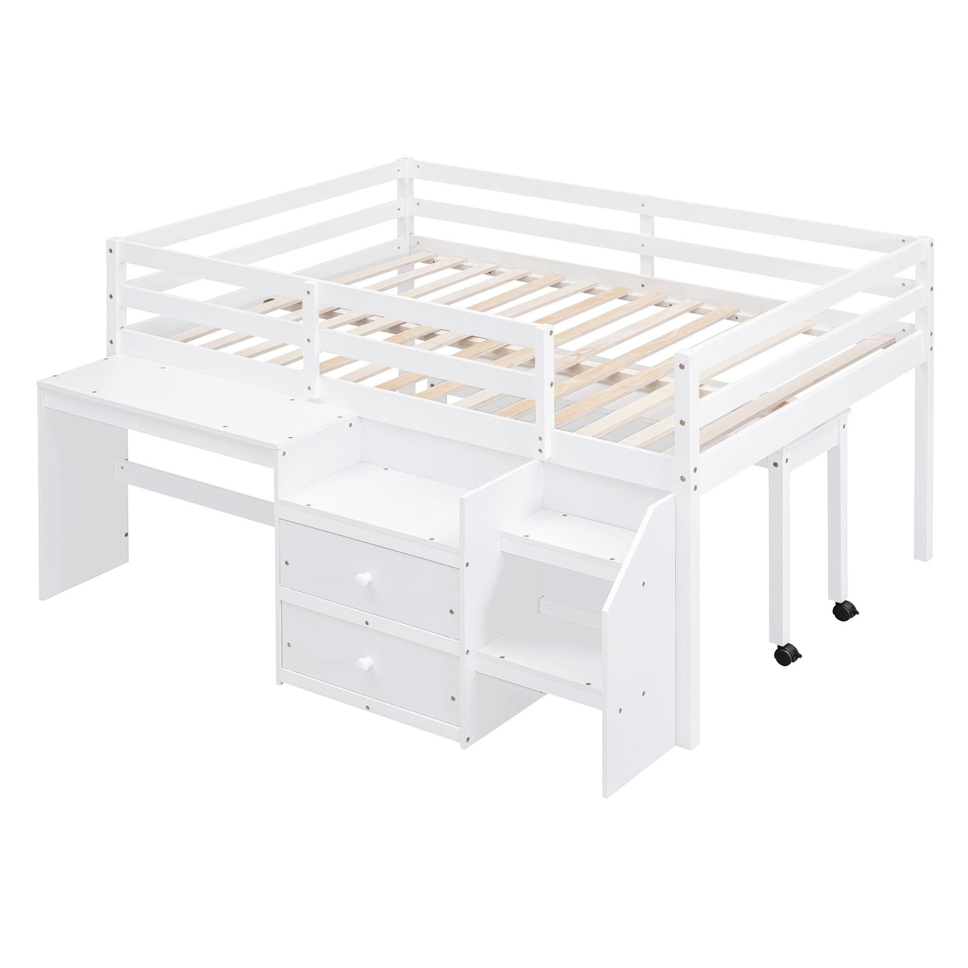 Full Size Loft Bed With Desk And Drawers, Wooden Loft Bed With Lateral Portable Desk, White White Solid Wood Mdf