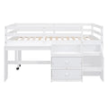 Full Size Loft Bed With Desk And Drawers, Wooden Loft Bed With Lateral Portable Desk, White White Solid Wood Mdf