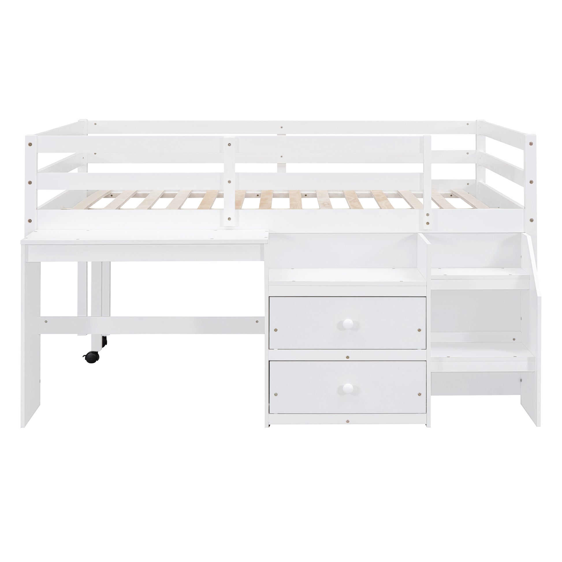 Full Size Loft Bed With Desk And Drawers, Wooden Loft Bed With Lateral Portable Desk, White White Solid Wood Mdf