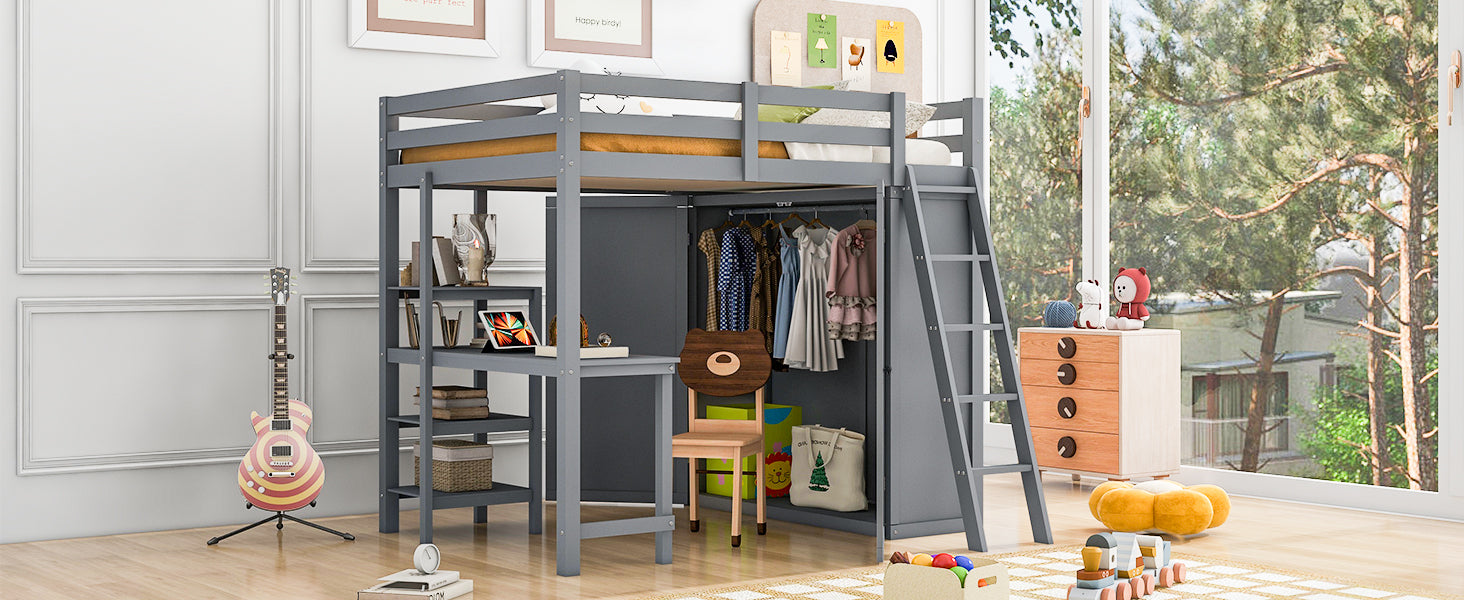Full Size Loft Bed With Wardrobe And Desk And Shelves, Gray Full Gray Rubber Wood