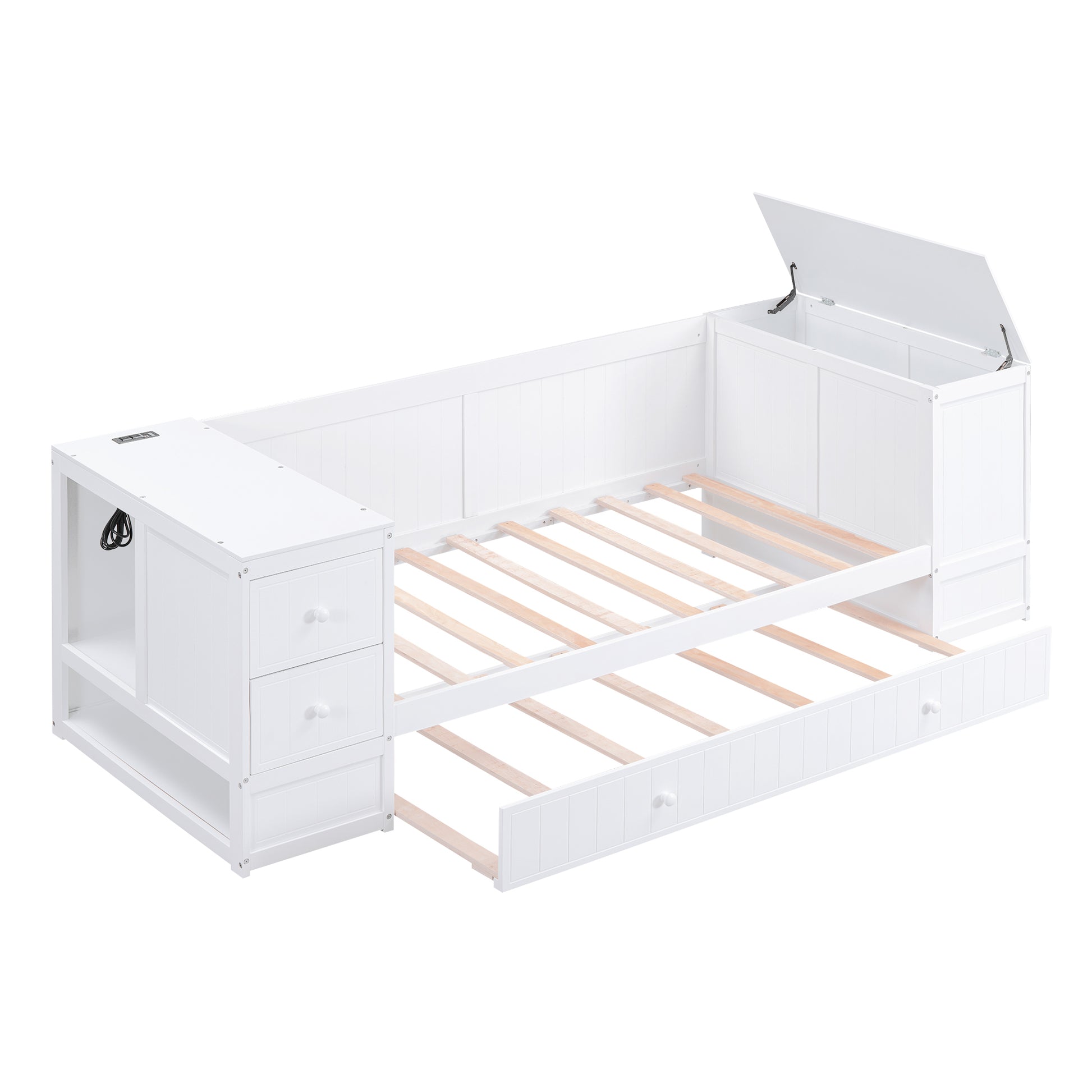 Twin Size Daybed With Storage Arms, Trundle And Charging Station, White Box Spring Not Required Twin White Wood Daybeds Solid Wood Mdf