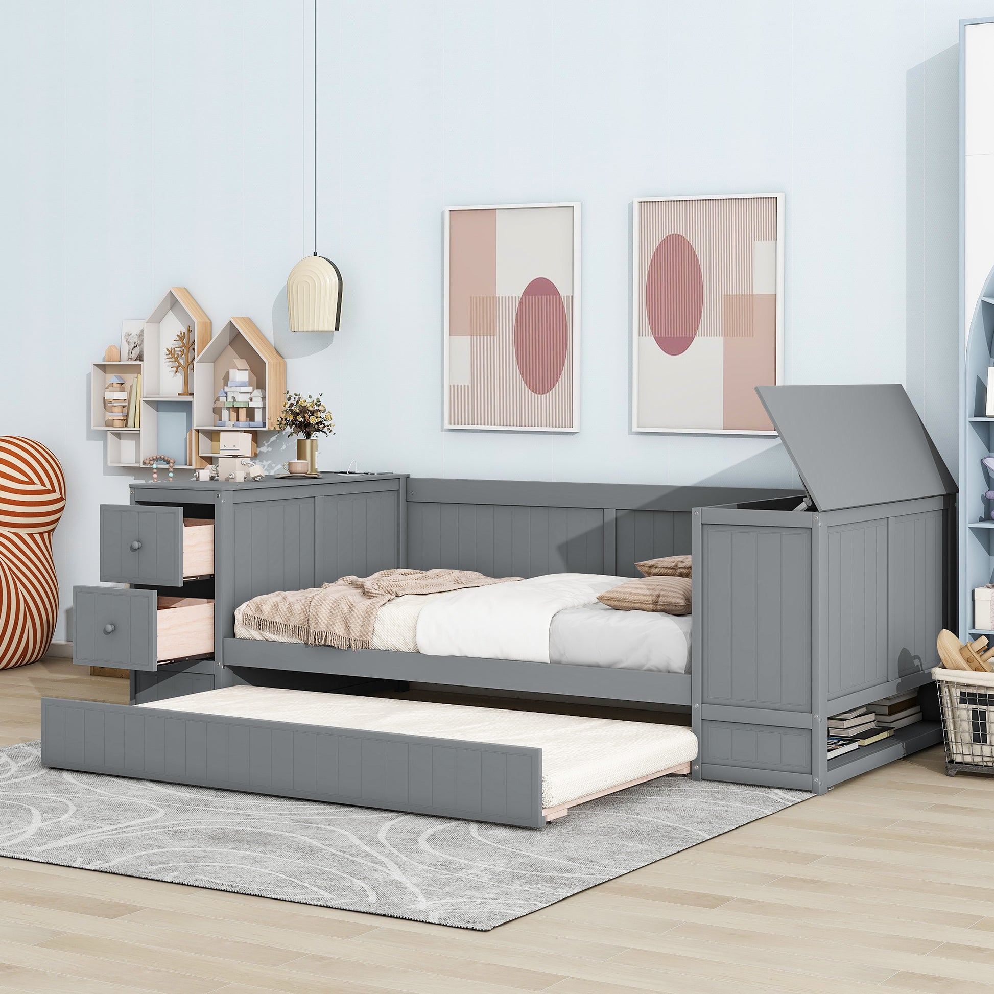 Twin Size Daybed With Storage Arms, Trundle And Charging Station, Gray Box Spring Not Required Twin Grey Wood Daybeds Solid Wood Mdf