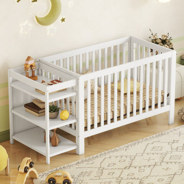 Convertible Crib Full Size Bed With Changing Table, White White Solid Wood
