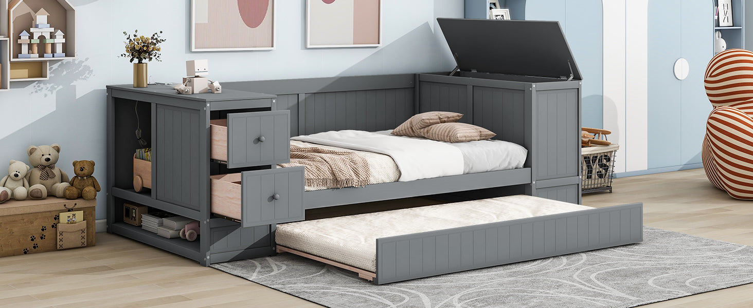 Twin Size Daybed With Storage Arms, Trundle And Charging Station, Gray Box Spring Not Required Twin Grey Wood Daybeds Solid Wood Mdf